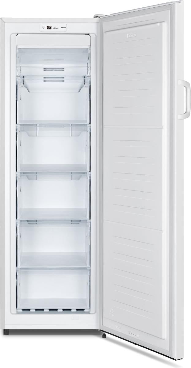 Un congelatore verticale bianco con porta aperta, mostra cinque cassetti trasparenti all'interno.
