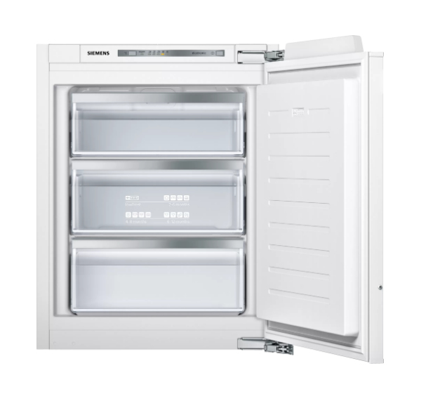 Ein weier Siemens Gefrierschrank mit offenen Türen und drei Schubladen.