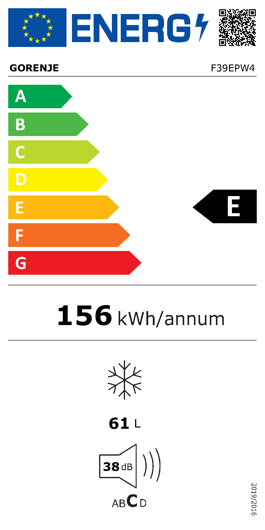 Energieeffizienzlabel mit GORENJE-Logo, Klasse E, 156 kWh/Jahr, 61L, 38dB.