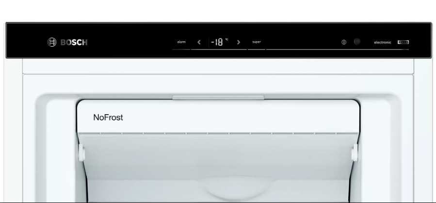 Bosch-Kühlschrank mit "NoFrost"-Aufschrift und digitaler Anzeige von -18 Grad.