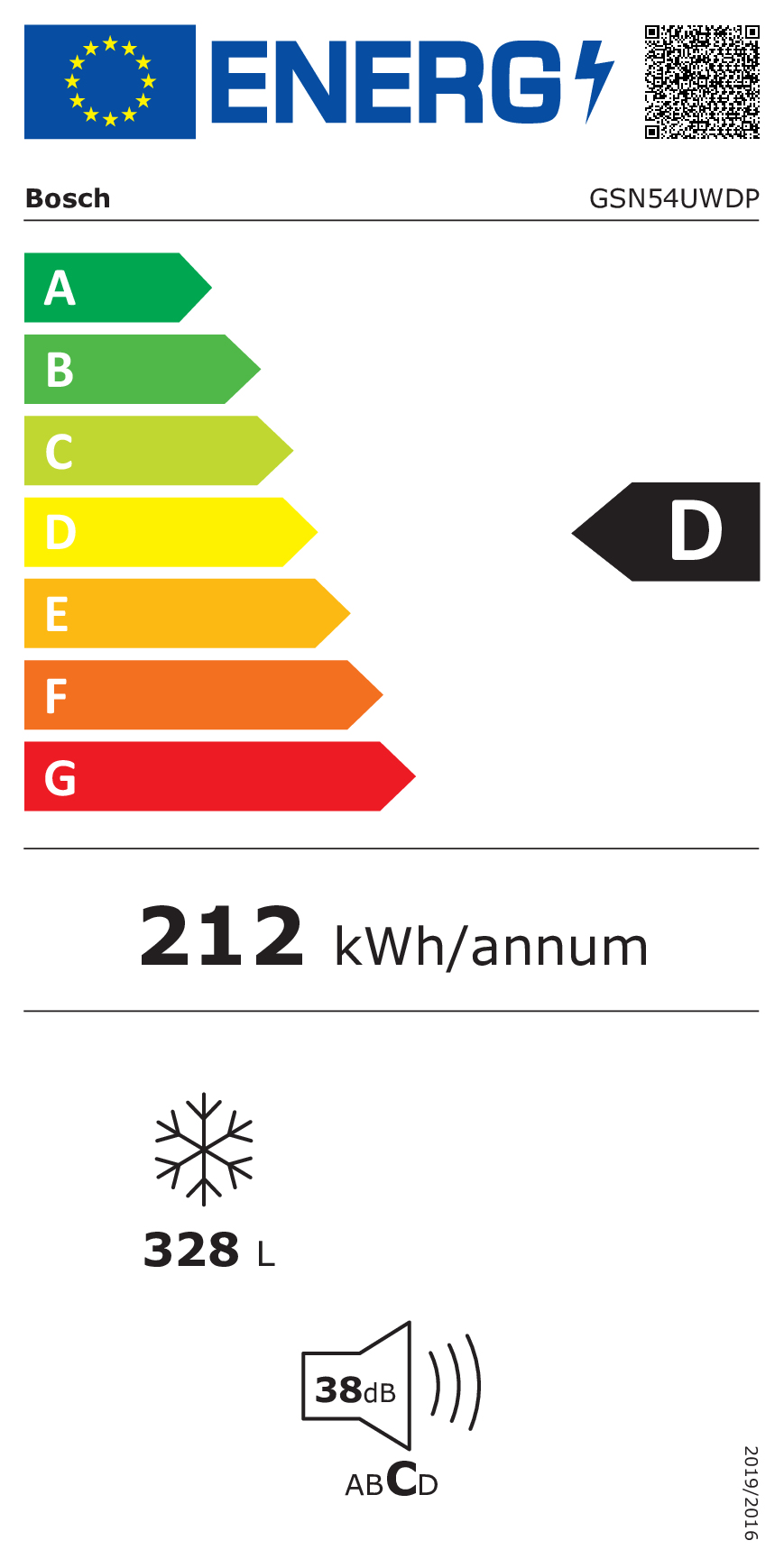 Bosch Energieeffizienzlabel: Klasse D, 212 kWh/Jahr, 328 L, 38 dB.