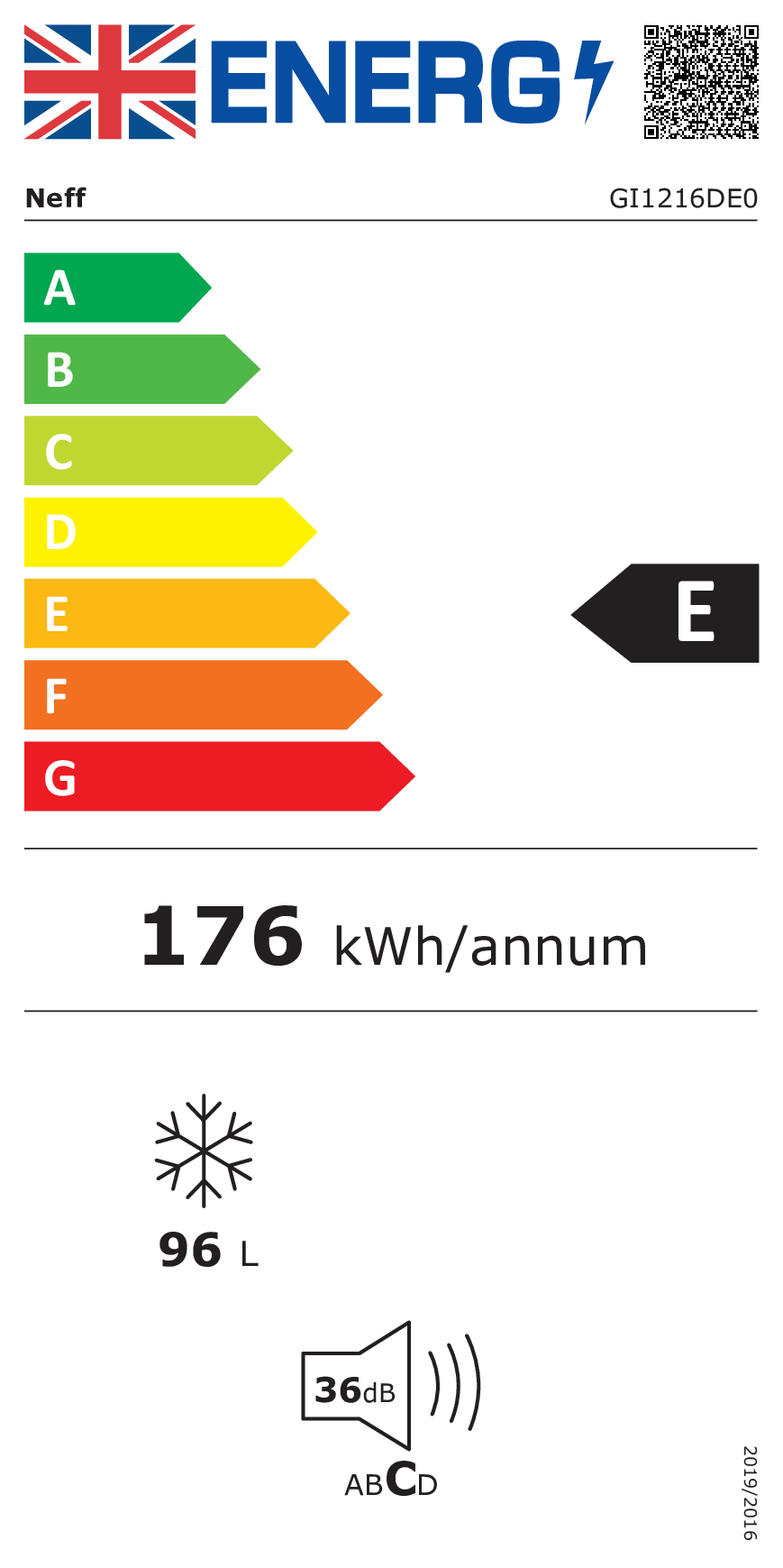 Energielabel für Neff mit Energieklasse E, 176 kWh/Jahr, 96L Kapazität und 36dB.