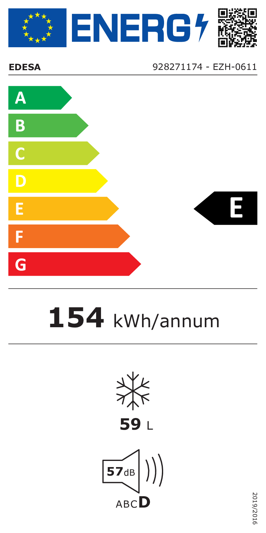 Energielabel mit Klasse E, 154 kWh/Jahr, 59L Gefrierkapazität, 57dB Lautstärke.