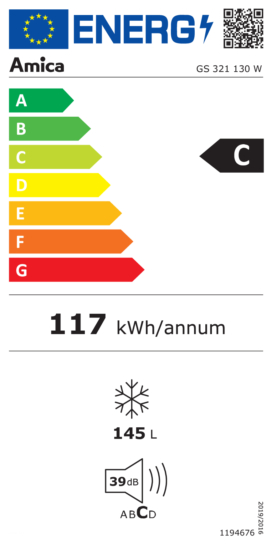 Energielabel für Amica Kühlschrank: Klasse C, 117 kWh/Jahr, 145 L, 39 dB.
