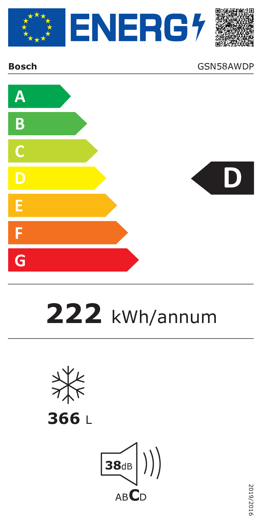 Energieeffizienzlabel: Bosch, Klasse D, 222 kWh/Jahr, 366 L, 38 dB.