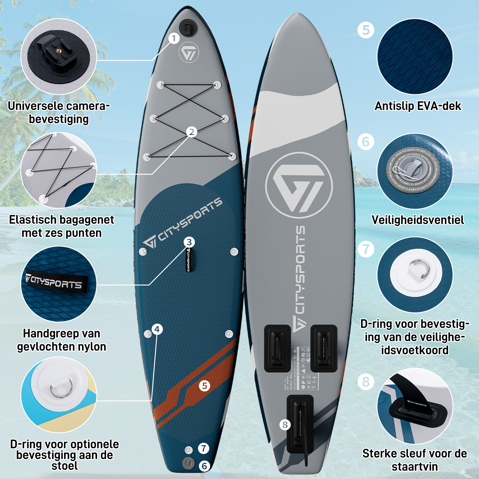 Opblaasbaar SUP board met kenmerken: camerabevestiging, bagagenet, handvat, ventiel, D-ringen, vin.