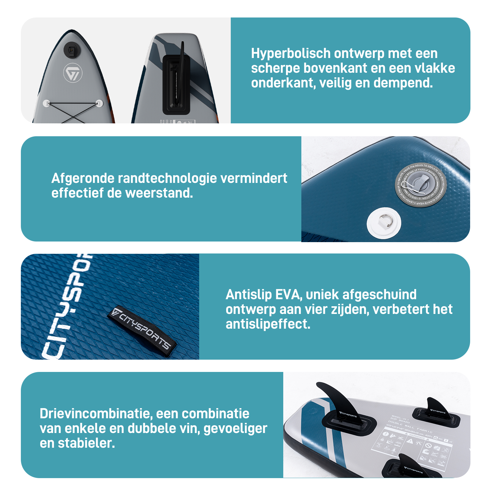 Opblaasbaar paddleboard met hyperbolisch ontwerp, scherpe boven- en platte onderkant.