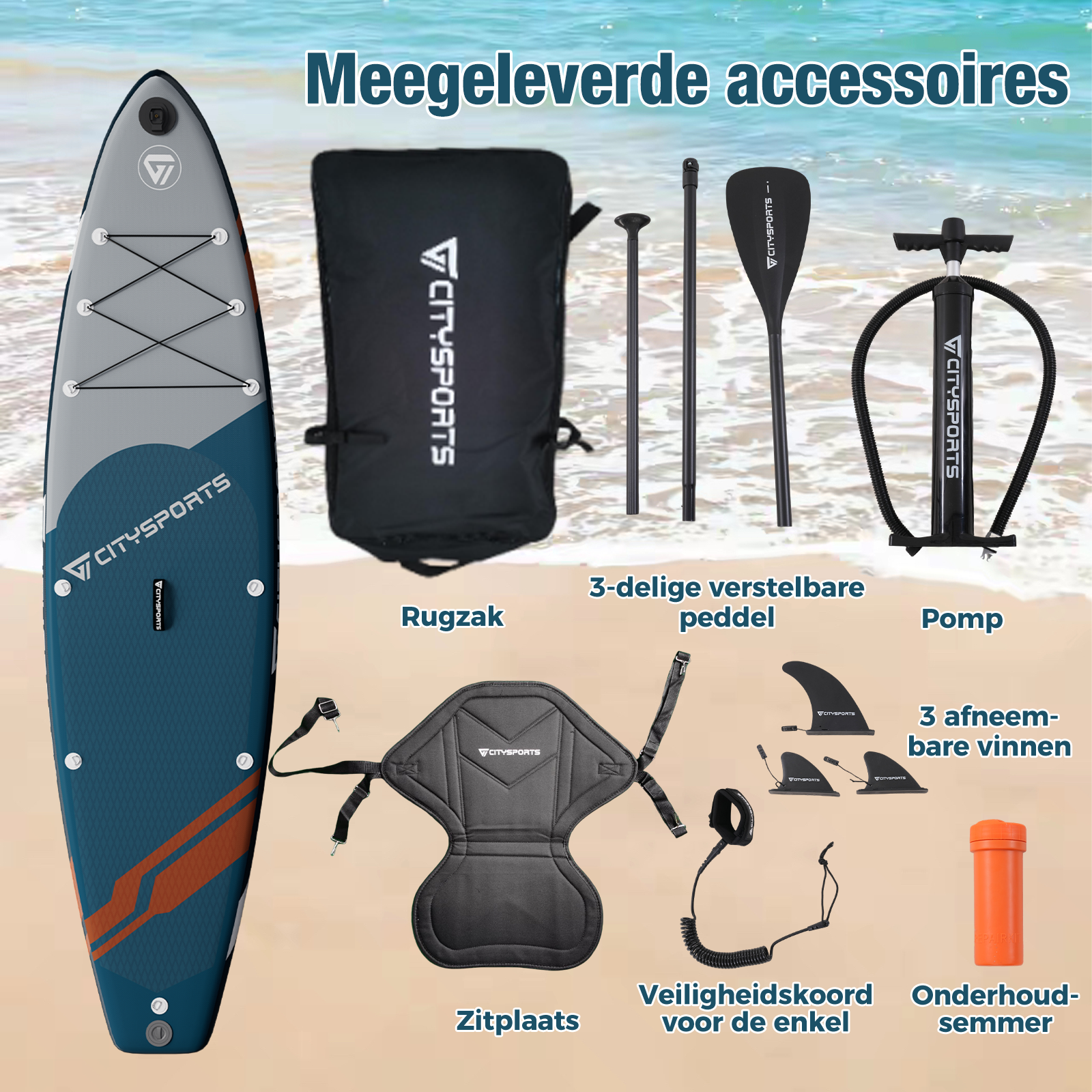 Stand-up paddleboard accessoires: board, tas, peddel, pomp, zitje, vinnen, leashed, reparatieset.