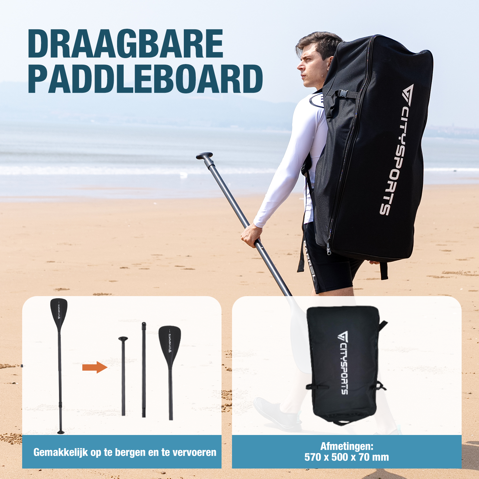 Man draagt zwarte tas met paddleboard-symbool op strand, met afbeeldingen.