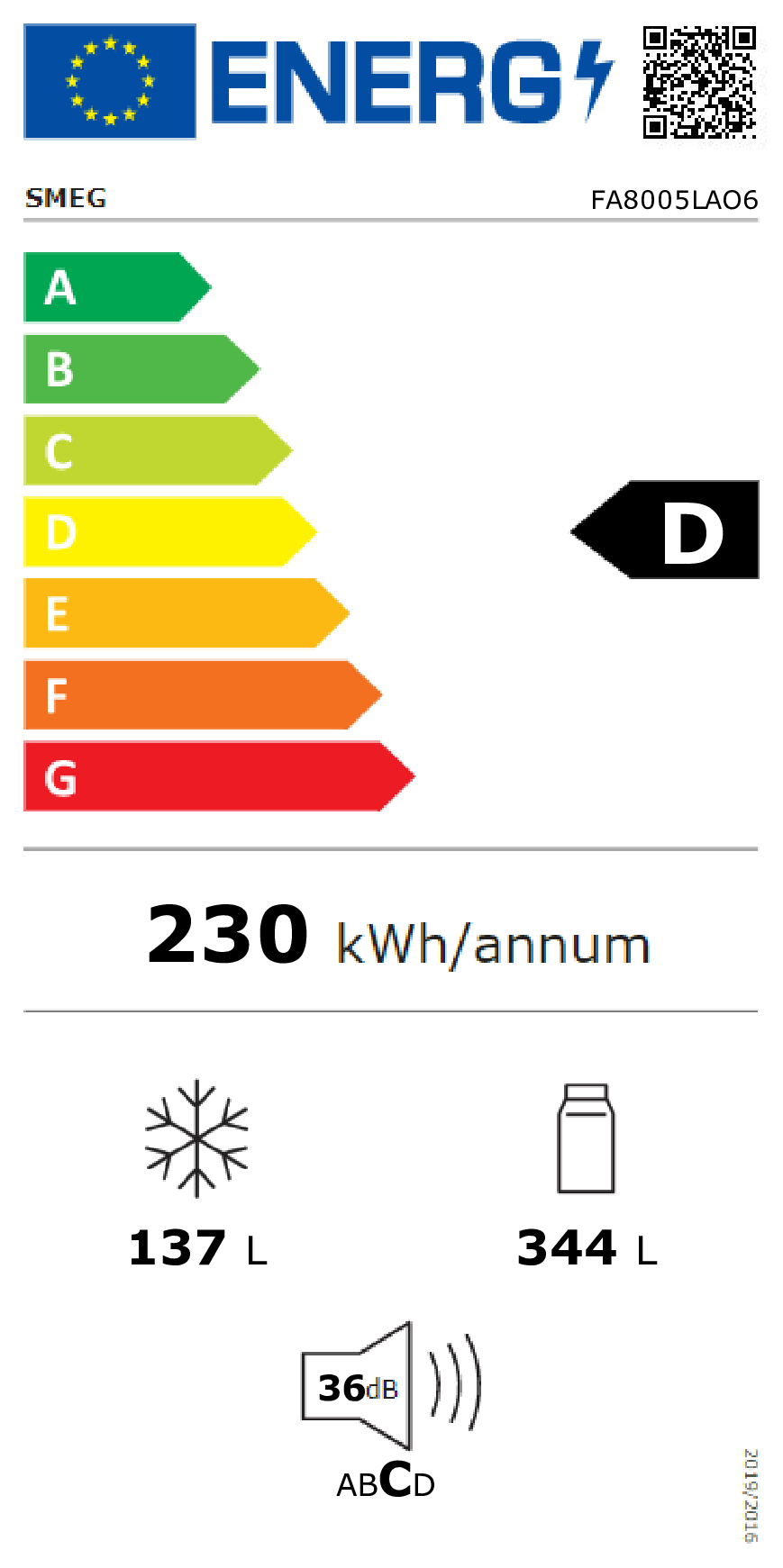 Etiqueta energética SMEG: Clase D, 230 kWh/año, congelador 137L, frigorífico 344L, 36dB.