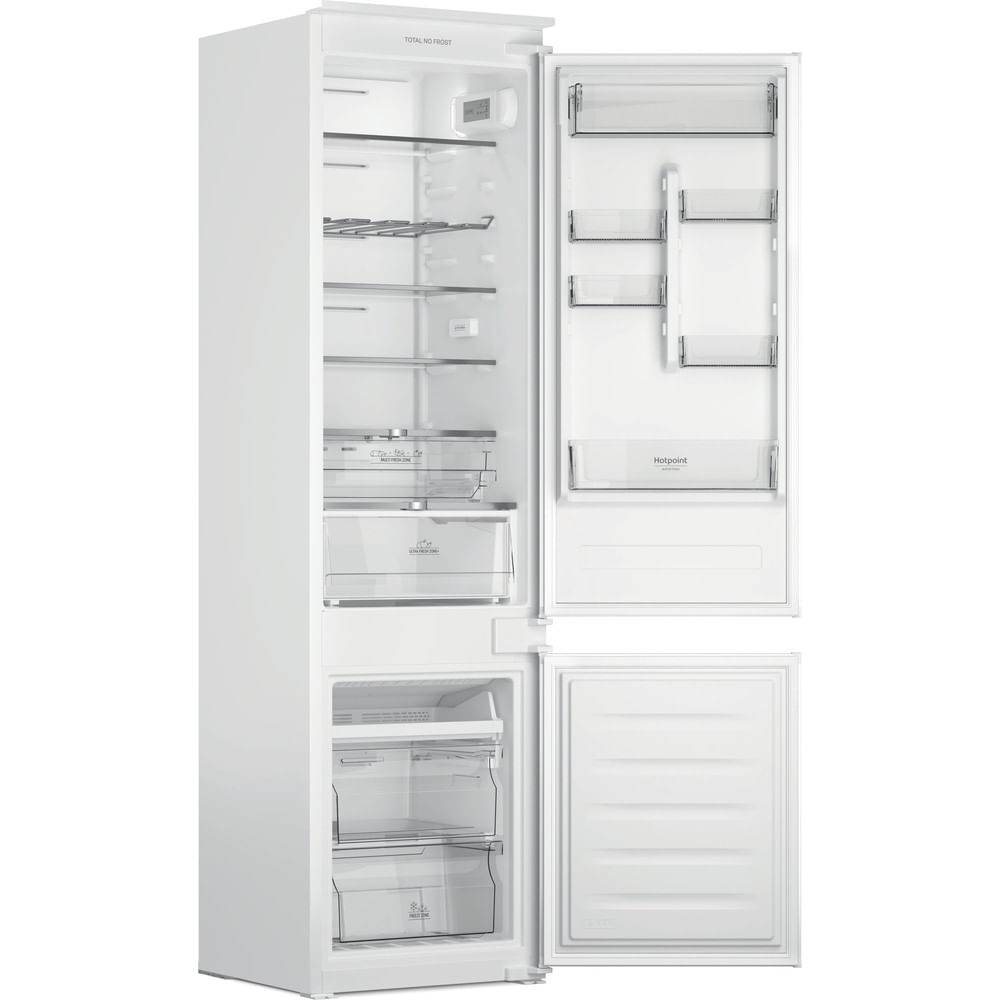 Un frigorifero bianco con la porta aperta, che rivela l'interno.