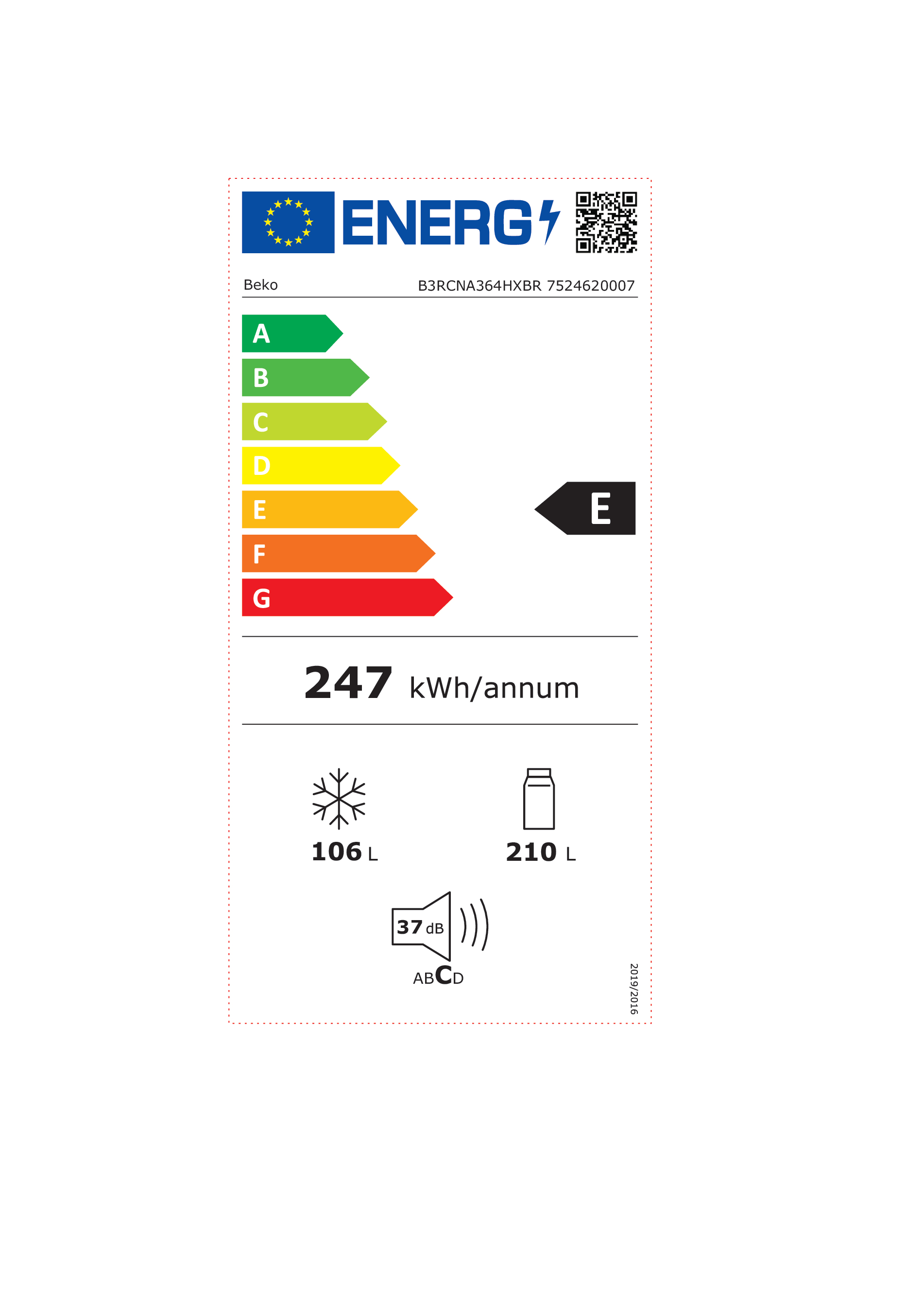 Etykieta energetyczna Beko: Klasa E, 247 kWh/rok, 106L zamrażarka, 210L lodówka, 37dB.