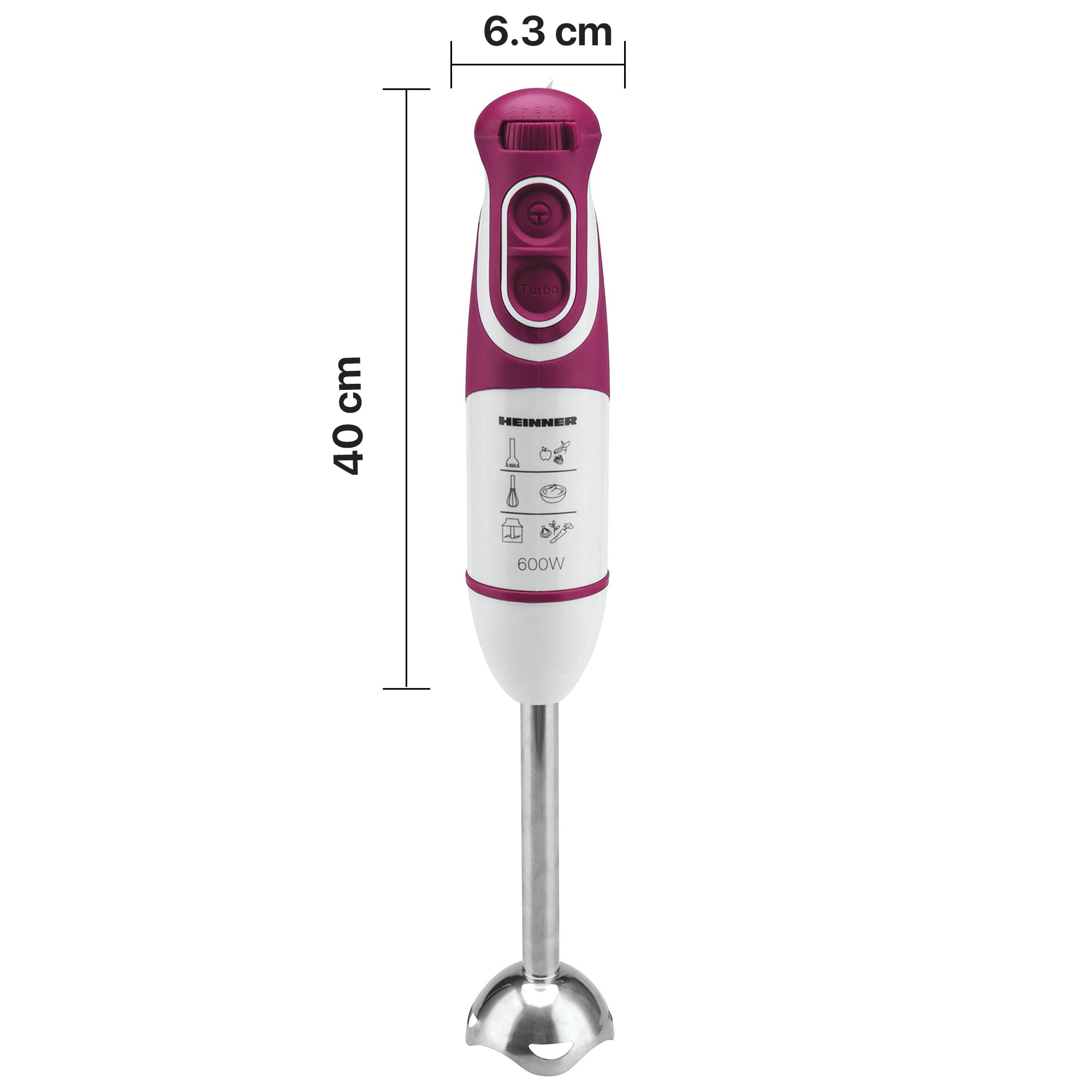 Lila und weiße Stabmixer mit Metallfuß, 600W, 40cm lang, 6,3cm breit.