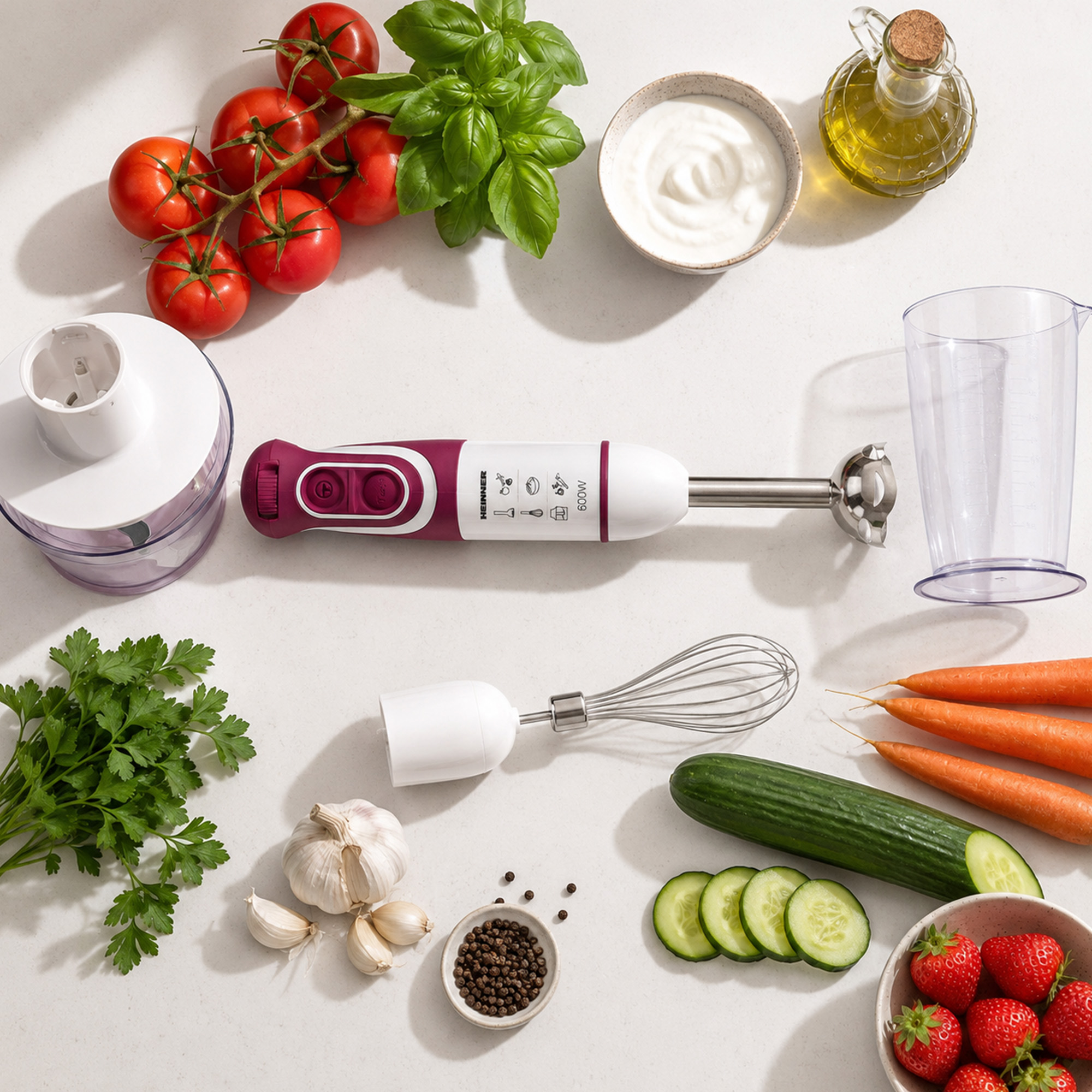 Ein Stabmixer mit Zubehör, daneben Tomaten, Basilikum, Joghurt, Olivenöl, Knoblauch, Pfeffer, Karotten, Gurke und Erdbeeren.