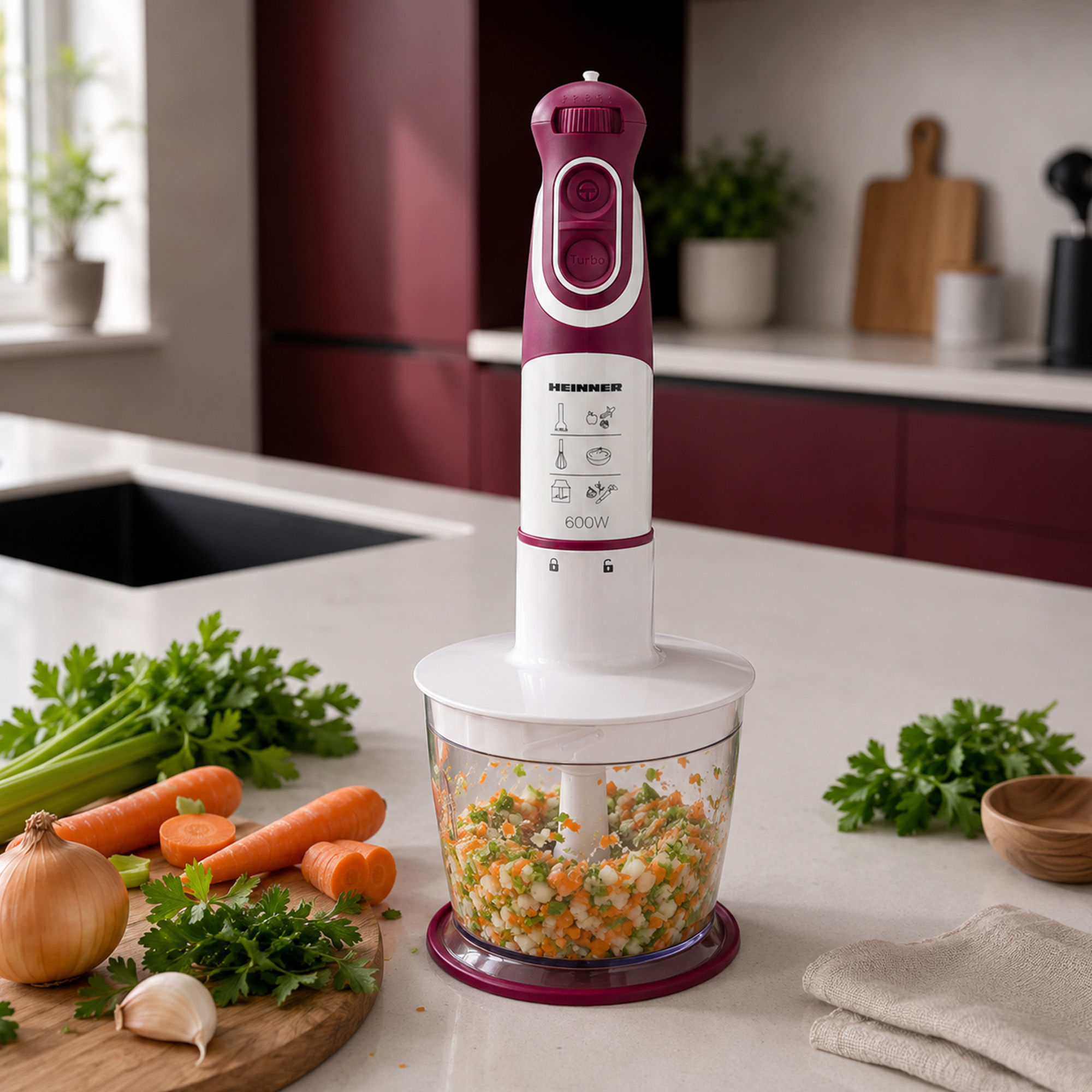 Ein Handmixer mit gehacktem Gemüse im Behälter steht auf einer Arbeitsplatte neben Zutaten.