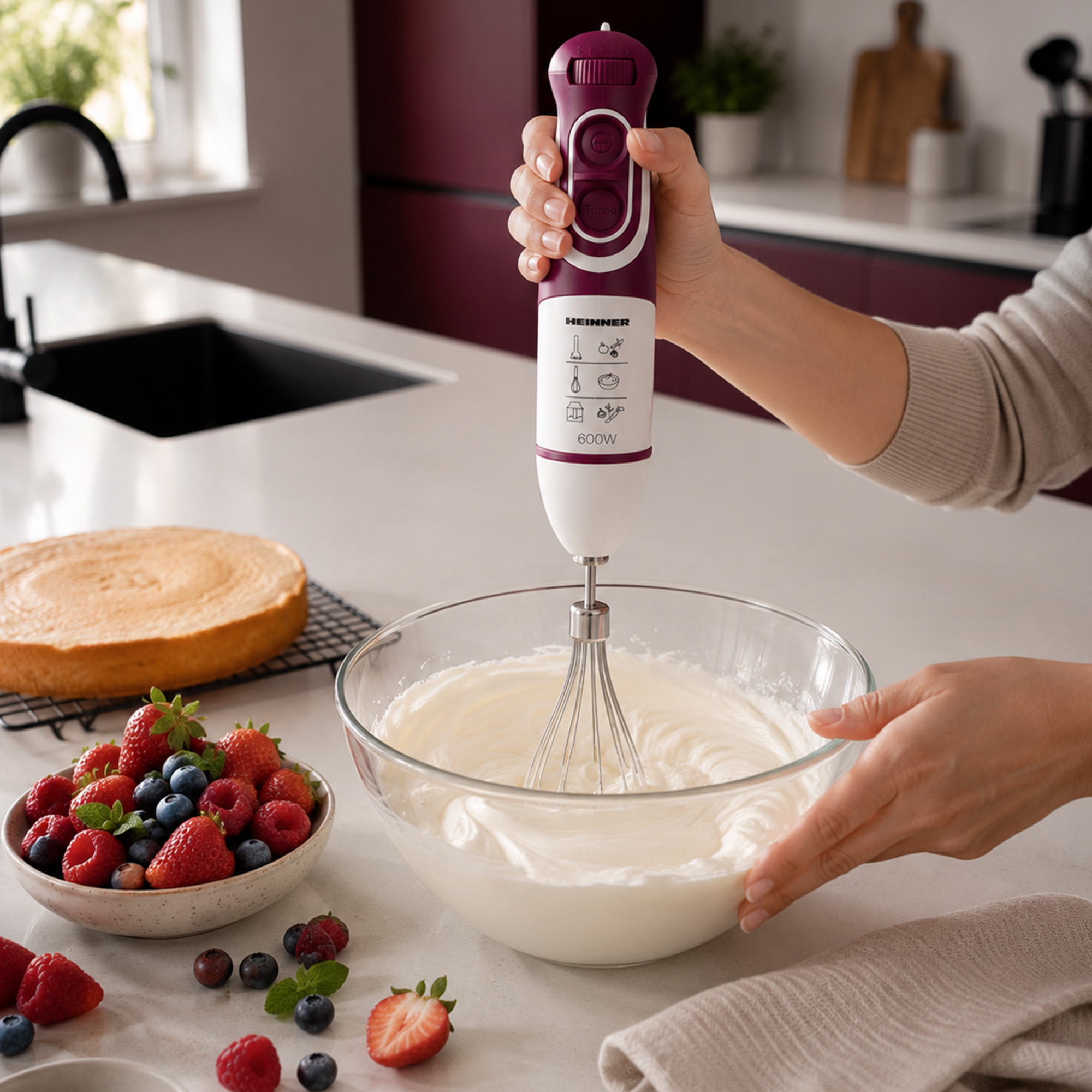 Eine Hand hält einen Handmixer über einer Schüssel mit geschlagener Sahne. Beeren und Kuchen liegen daneben.