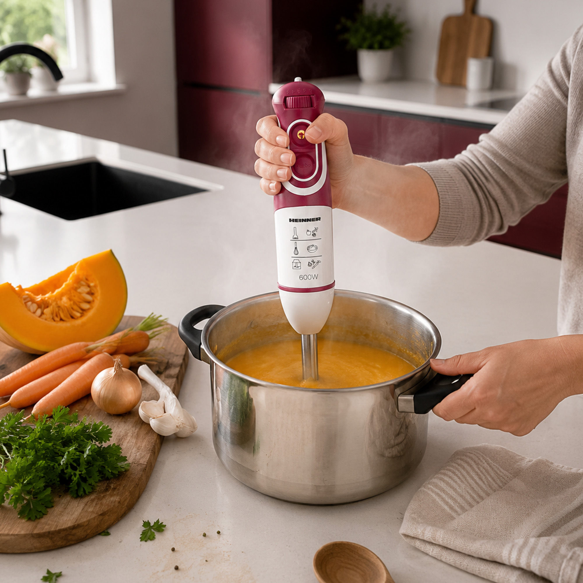 Eine Hand benutzt einen Stabmixer, um eine orangefarbene Suppe in einem Topf zu pürieren.