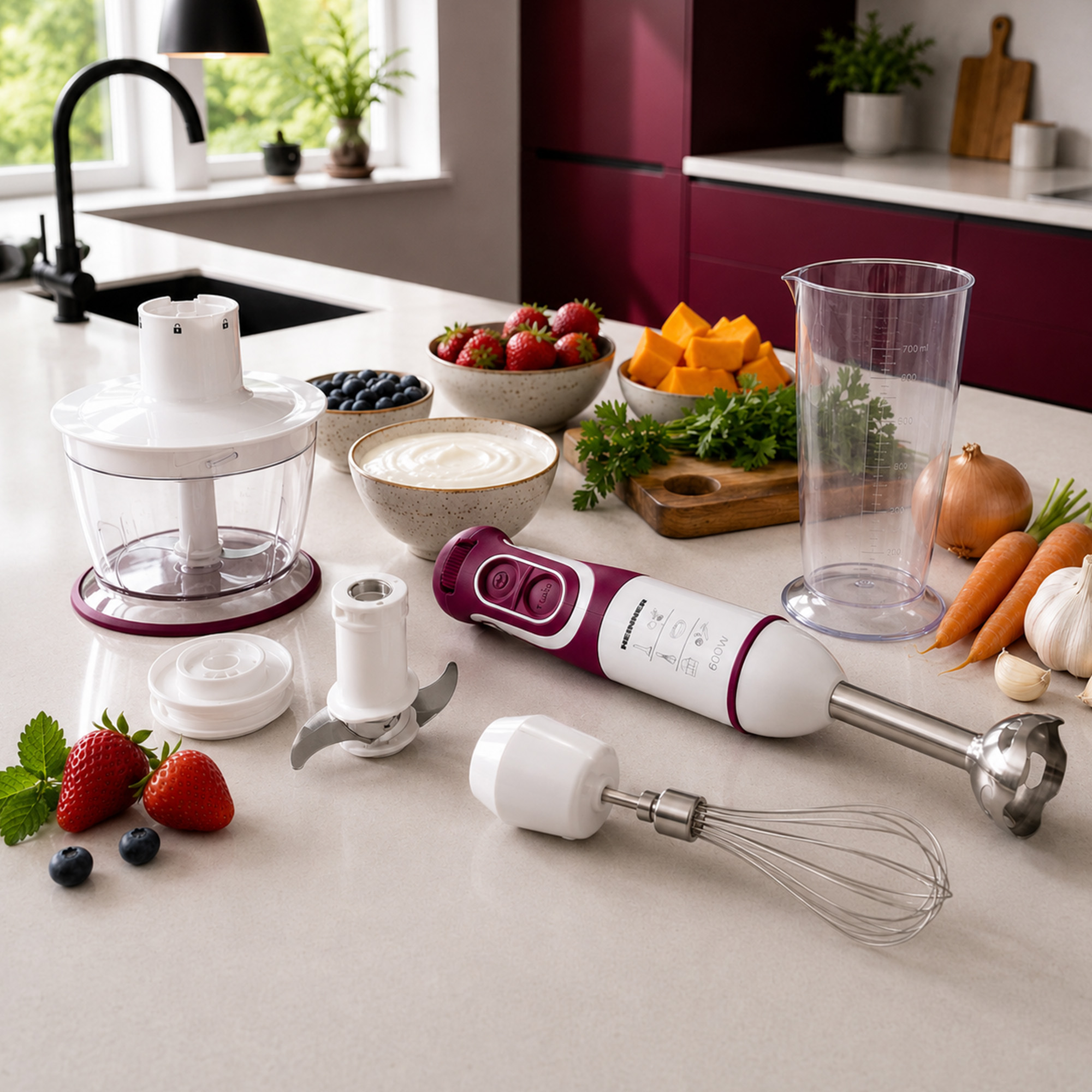 Ein Stabmixer mit Zubehör, Beeren, Kürbiswürfeln und Gemüse auf einer Arbeitsplatte.