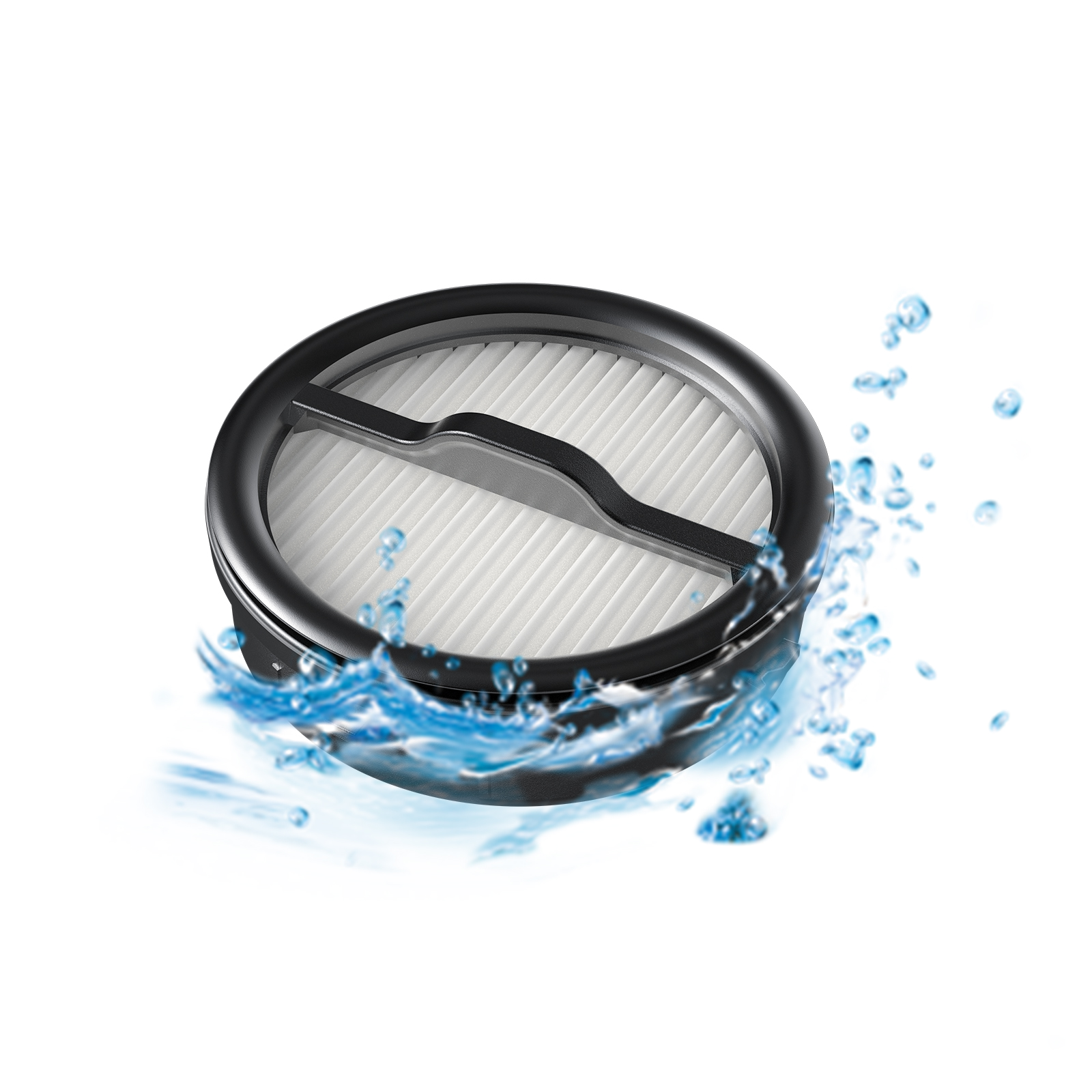 Ein runder, weißer Filter mit schwarzem Rand, umgeben von Wasserspritzern.