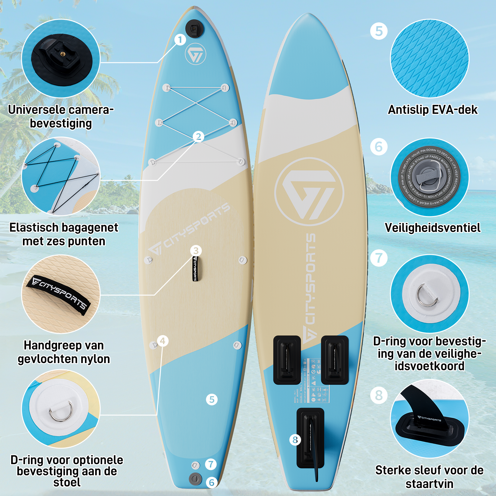 Opblaasbaar SUP board met handvat, bagagenet, ventiel en vin. Blauw en beige.