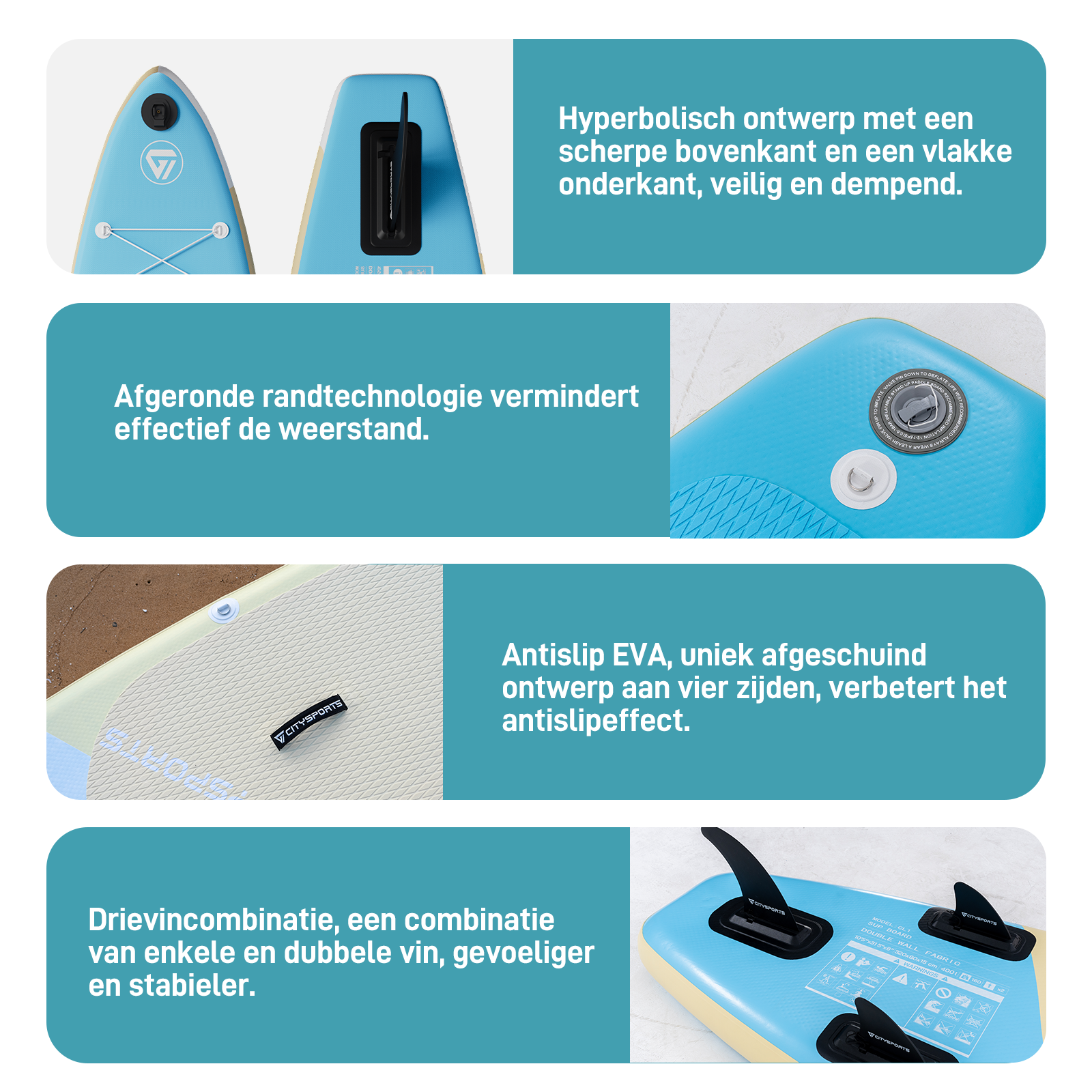 Opblaasbare SUP met hyperbolisch ontwerp, antislip EVA-oppervlak en drie vinnen.