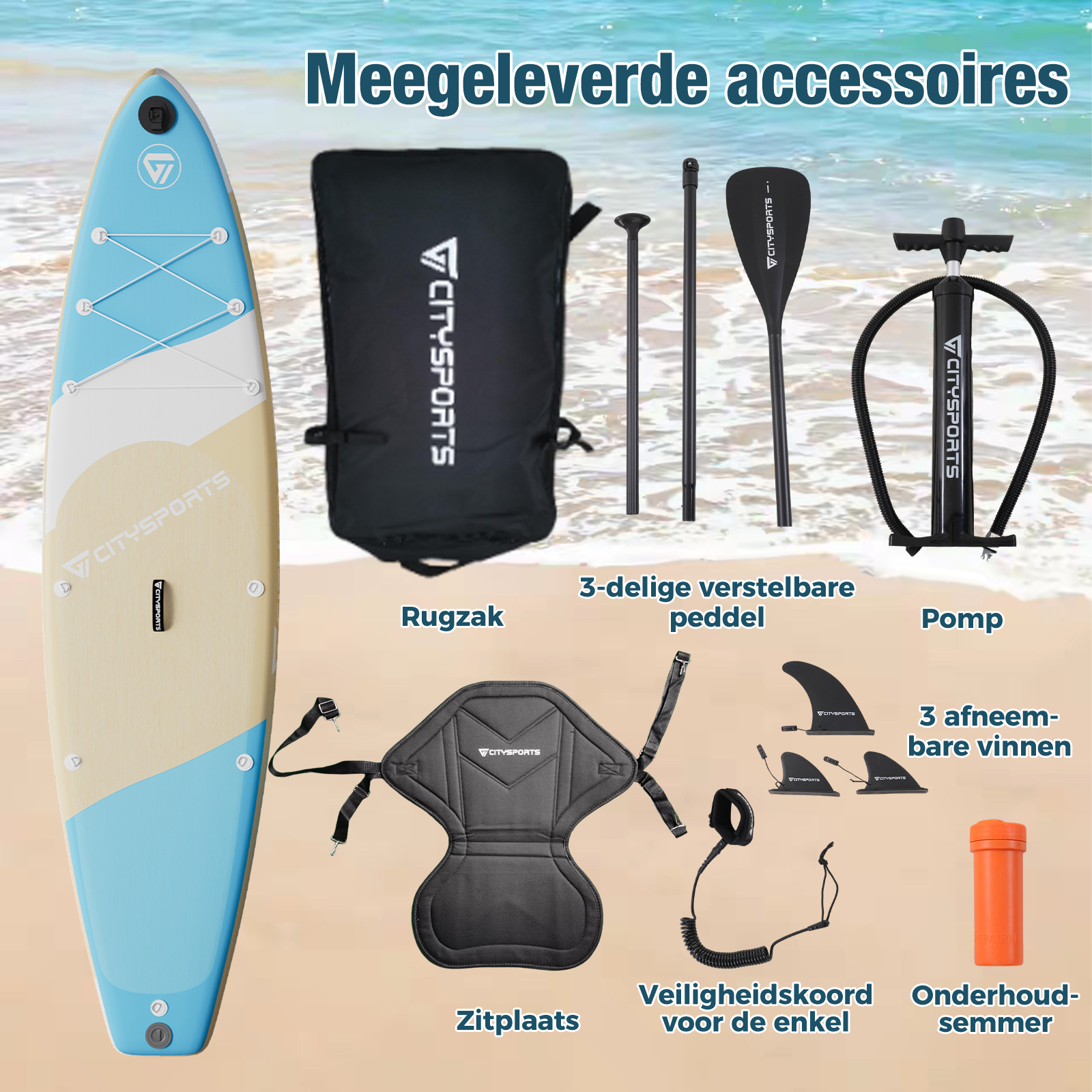 Stand-up paddleboard uitrusting: tas, peddel, pomp, zitje, leash, vinnen, reparatieset.