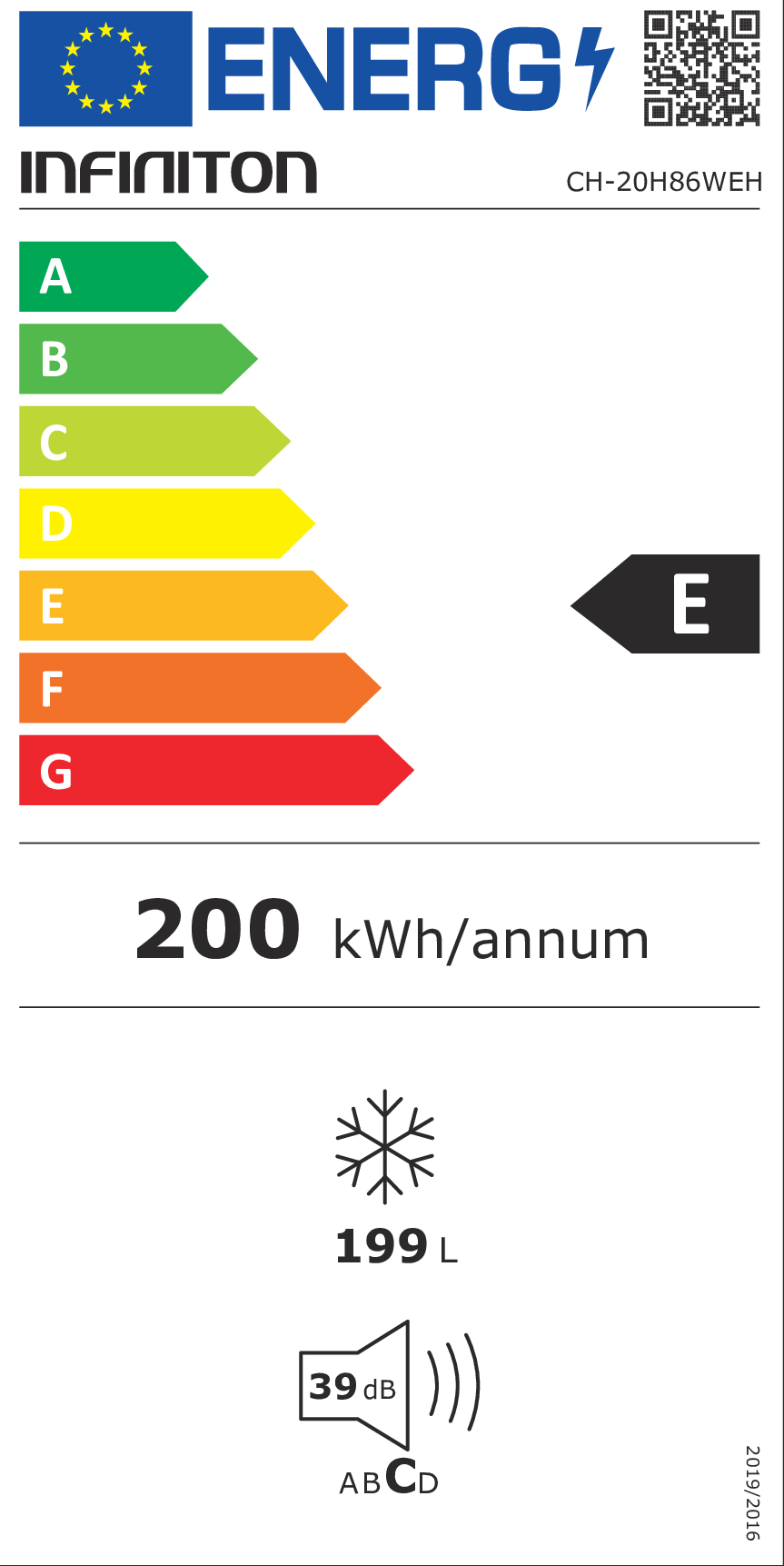 Etiqueta energética clase E, 200 kWh/año, capacidad 199L, nivel de ruido 39dB.