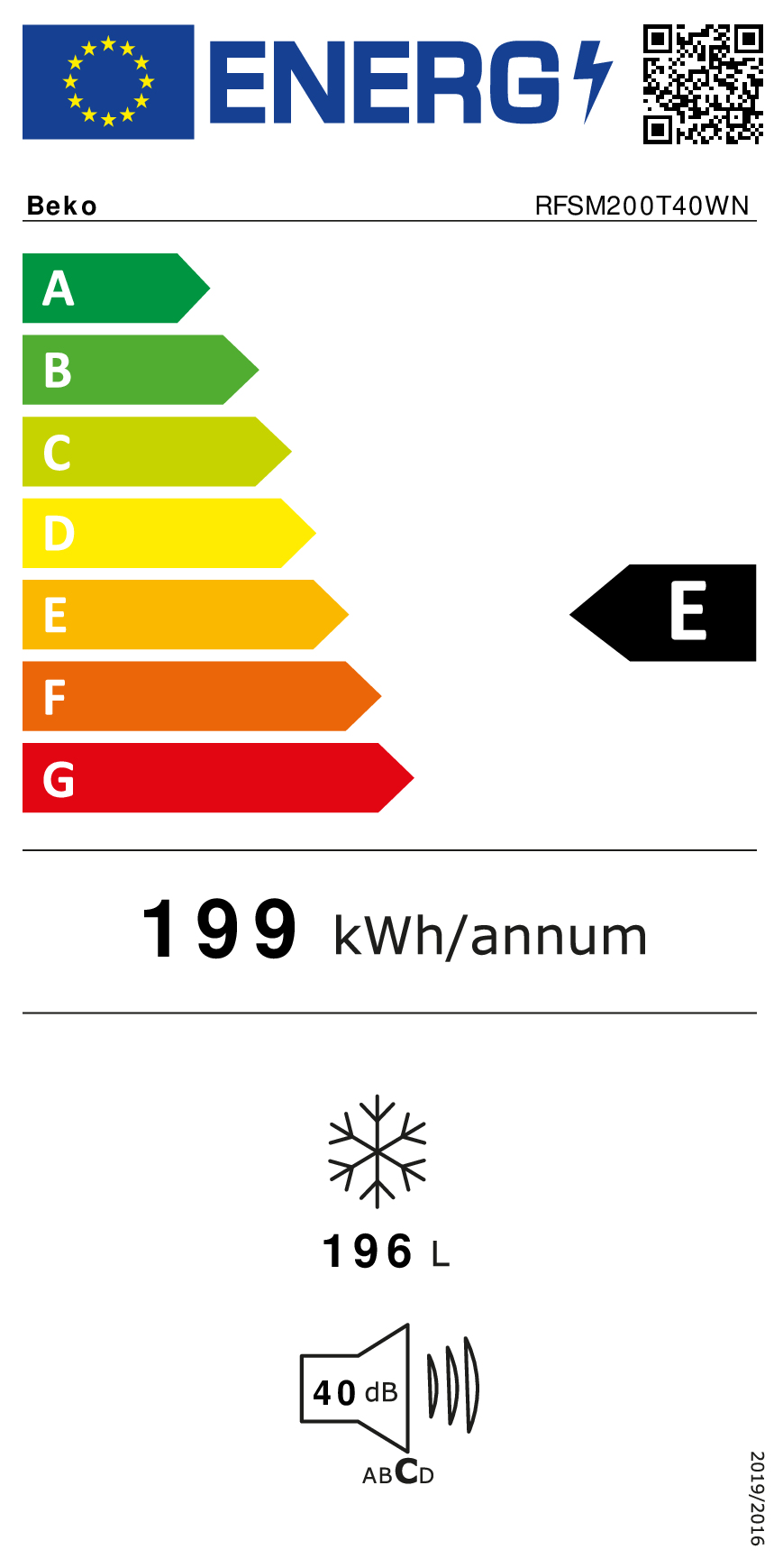 Etichetta efficienza energetica: Beko, Classe E, 199 kWh/anno, 196 L, 40 dB.