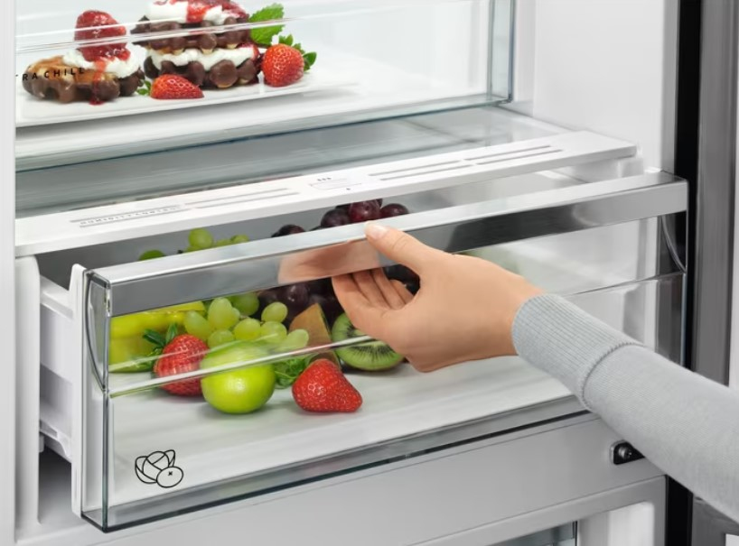 Mano saca cajón con uvas, fresas y kiwi.