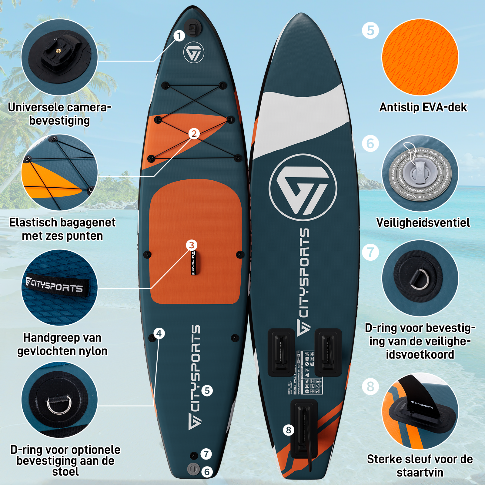 Opblaasbaar SUP board met gelabelde accessoires tegen strandachtergrond.