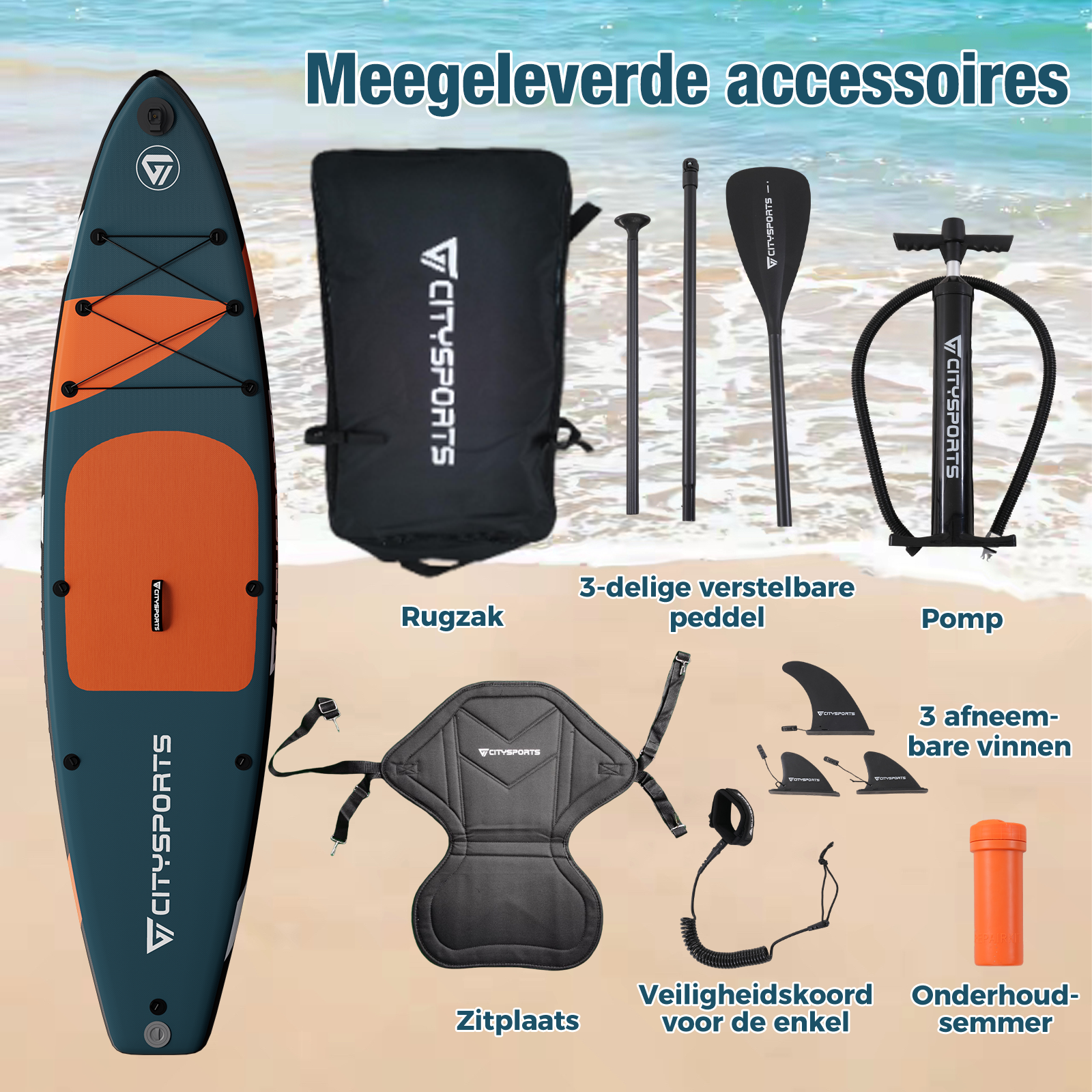 SUP accessoires: board, tas, peddel, pomp, zitje, leiband, vinnen, reparatieset.