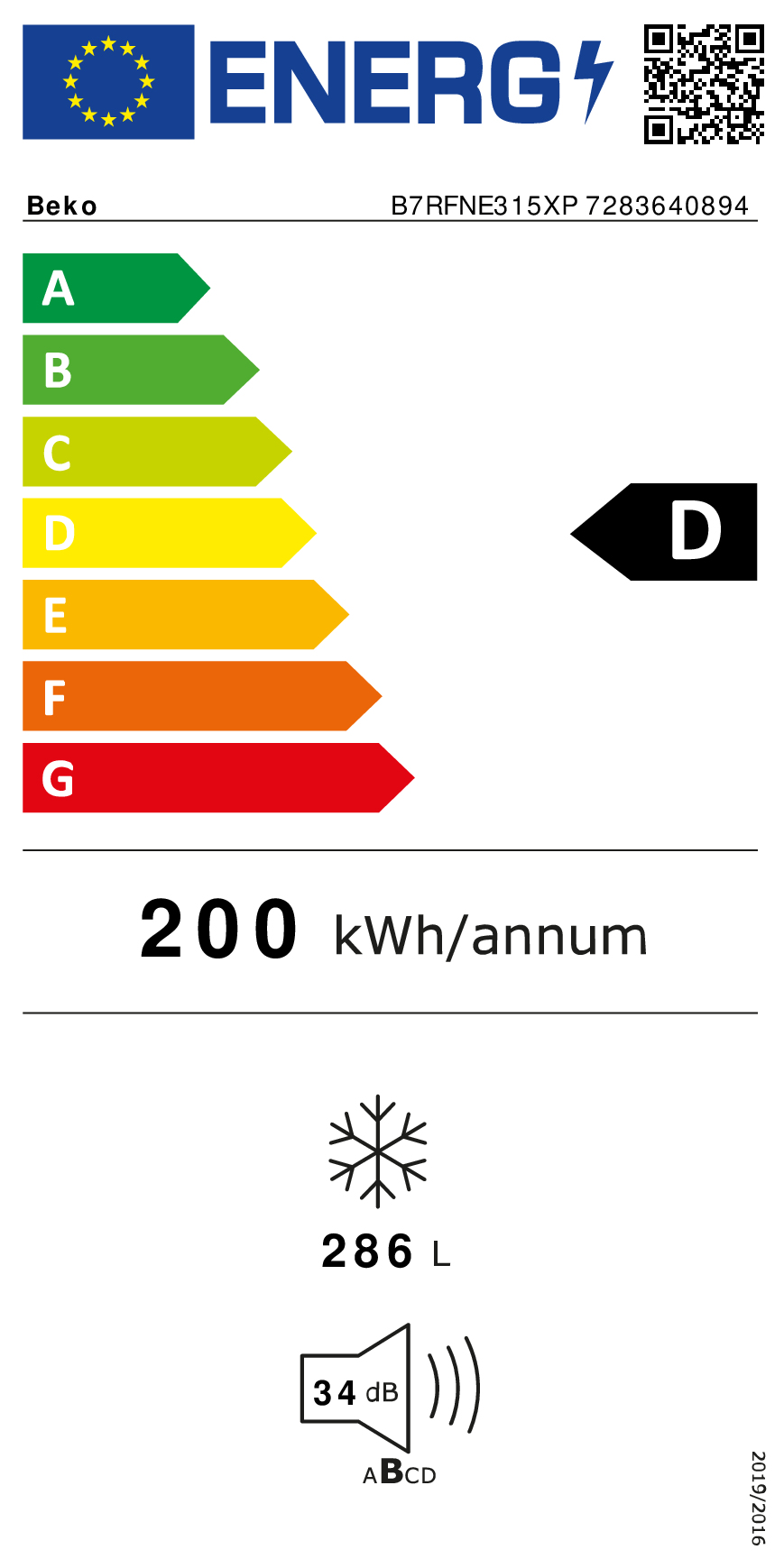 Energielabel für Beko Kühlschrank: Klasse D, 200 kWh/Jahr, 286L, 34dB.