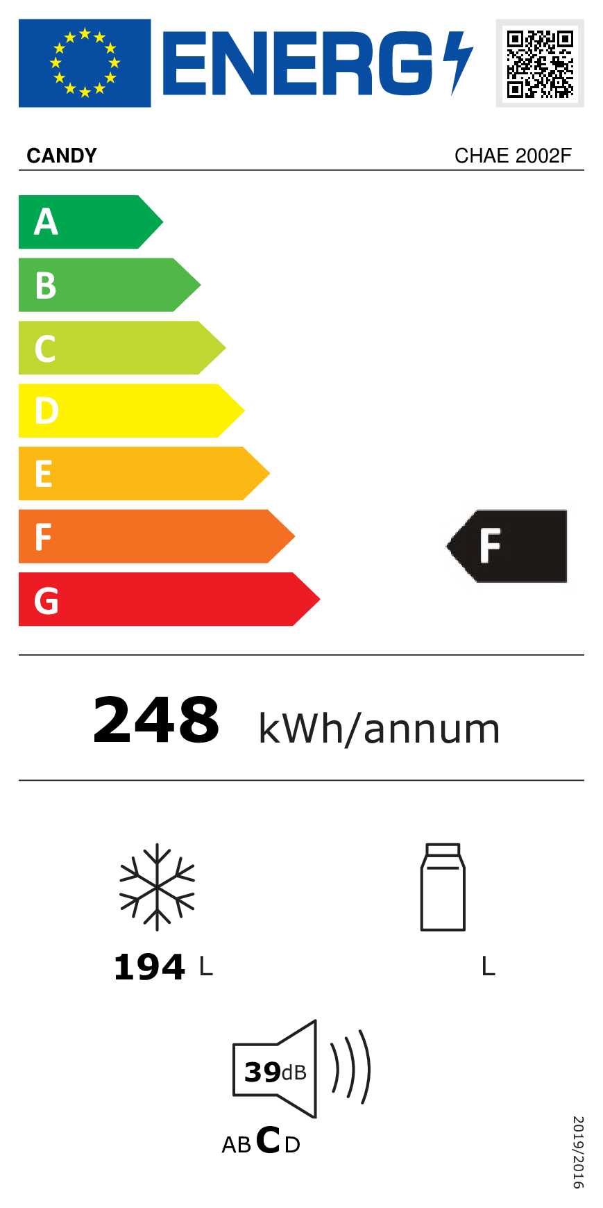 Etichetta energetica Candy CHAE 2002F, classe F, 248 kWh/anno, congelatore 194L, 39dB.