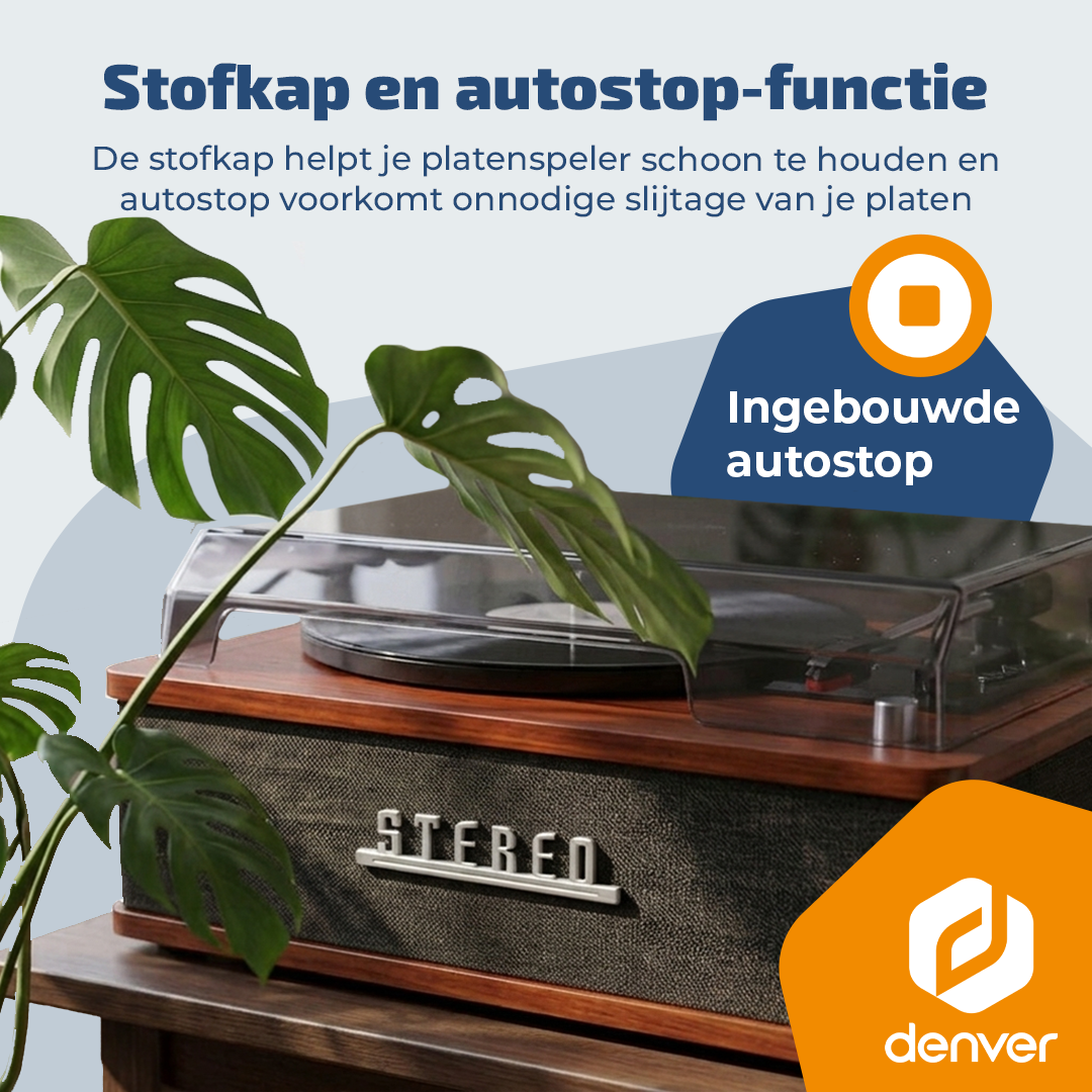 Platine vinyle avec capot anti-poussière et fonction arrêt automatique, enceinte stéréo.