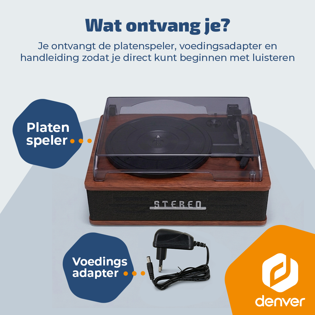 Un tourne-disque avec un adaptateur secteur est montré. Le texte dit : Que recevez-vous ?