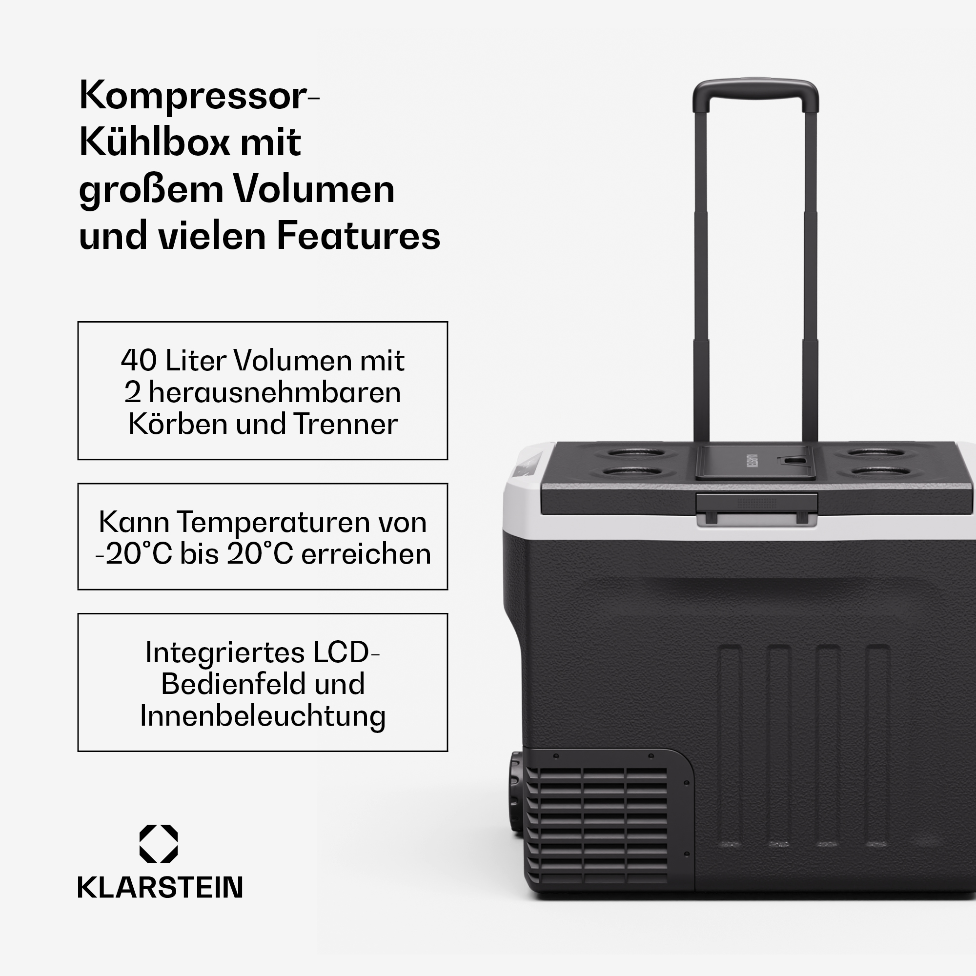 Eine schwarze Kompressor-Kühlbox mit ausziehbarem Griff und Getränkehaltern.