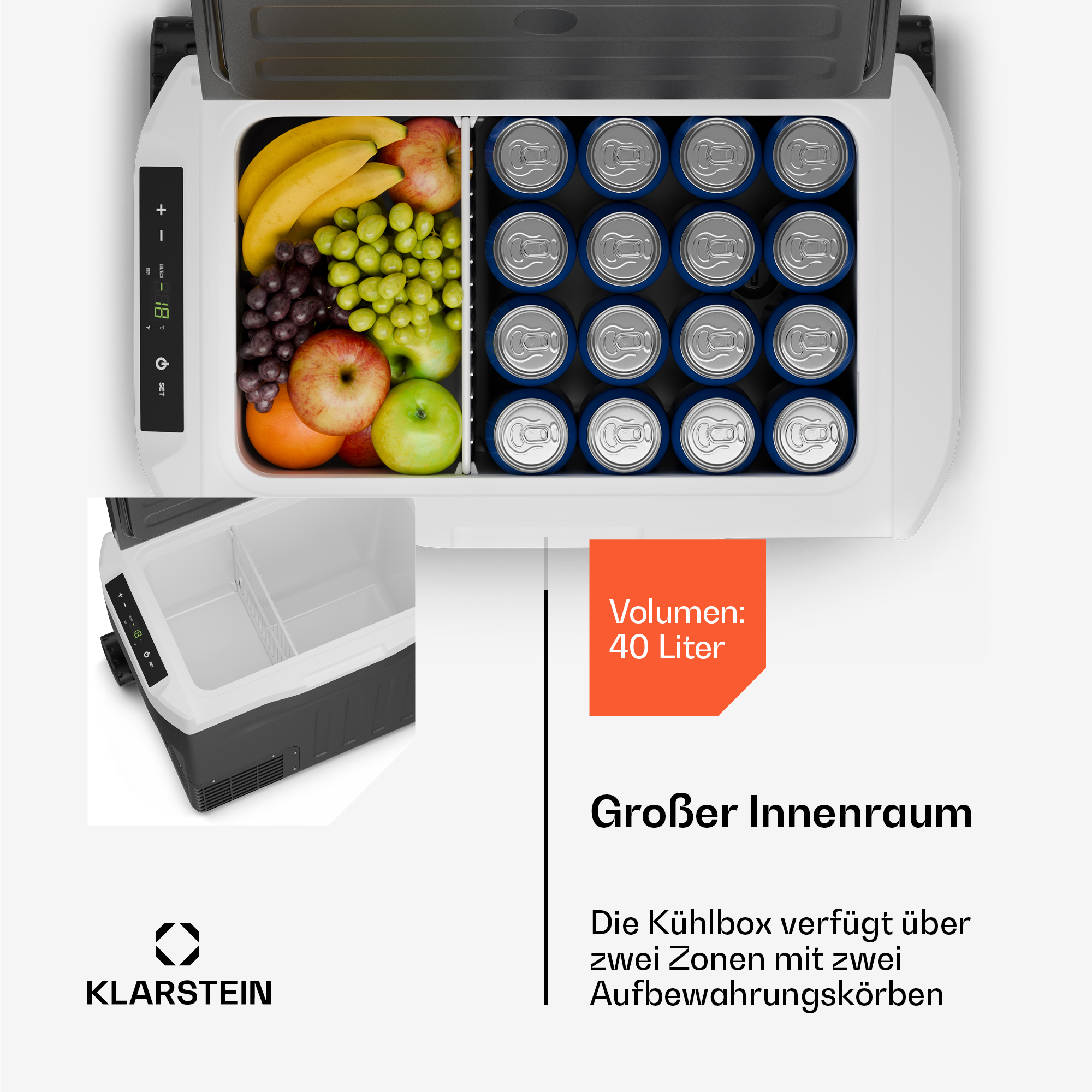 Kühlbox mit 40L Volumen, Obst und Dosen, zwei Zonen mit Körben.
