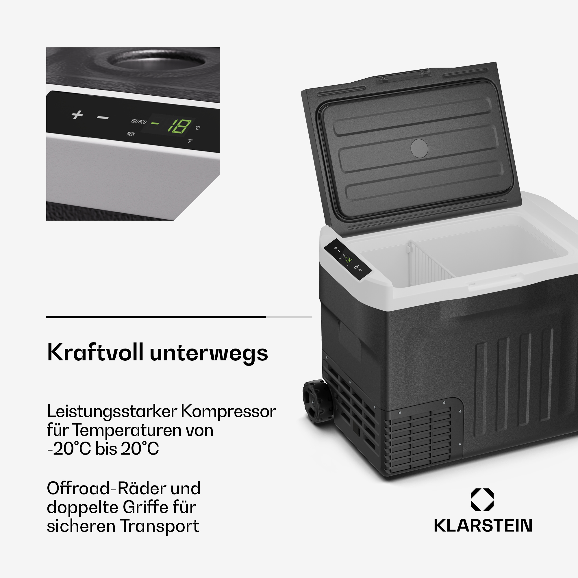 Ein offener, schwarzer und weißer Kühlbox mit Rädern und Griffen. Digitalanzeige zeigt -18°C.