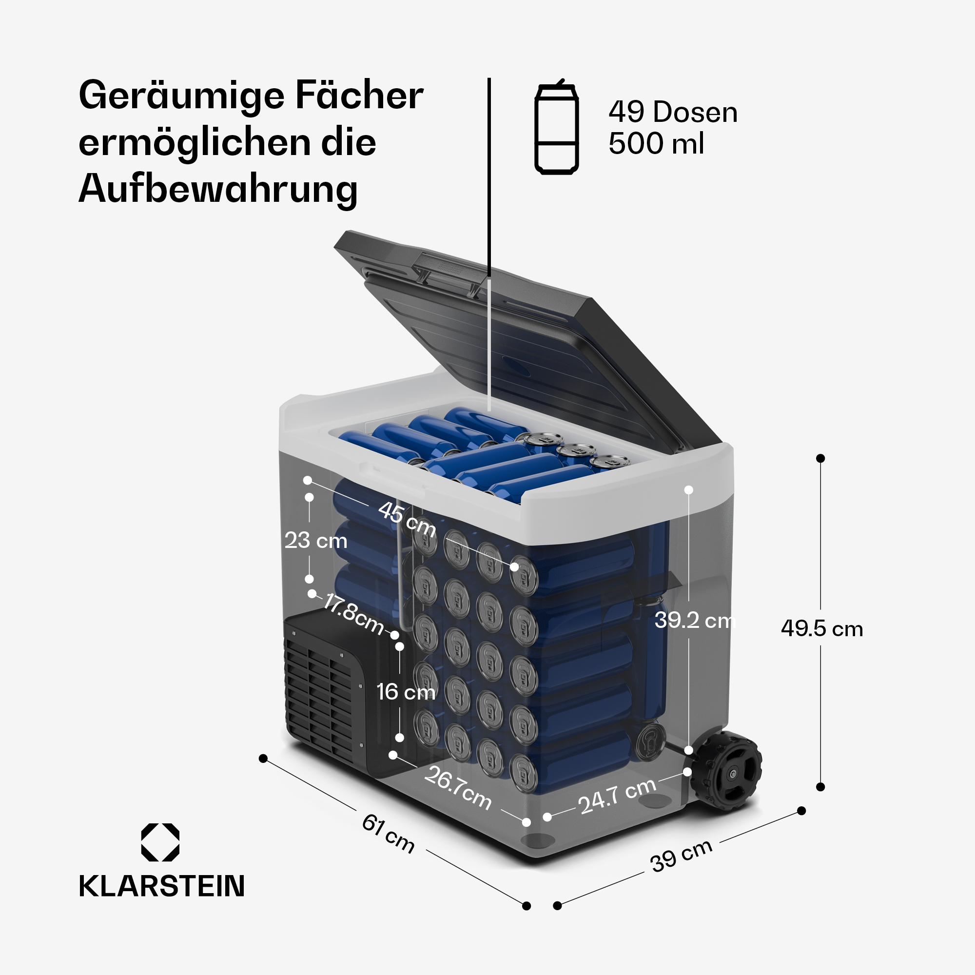 Ein offener Kühler mit vielen blauen Getränkedosen, Maße sind angegeben.