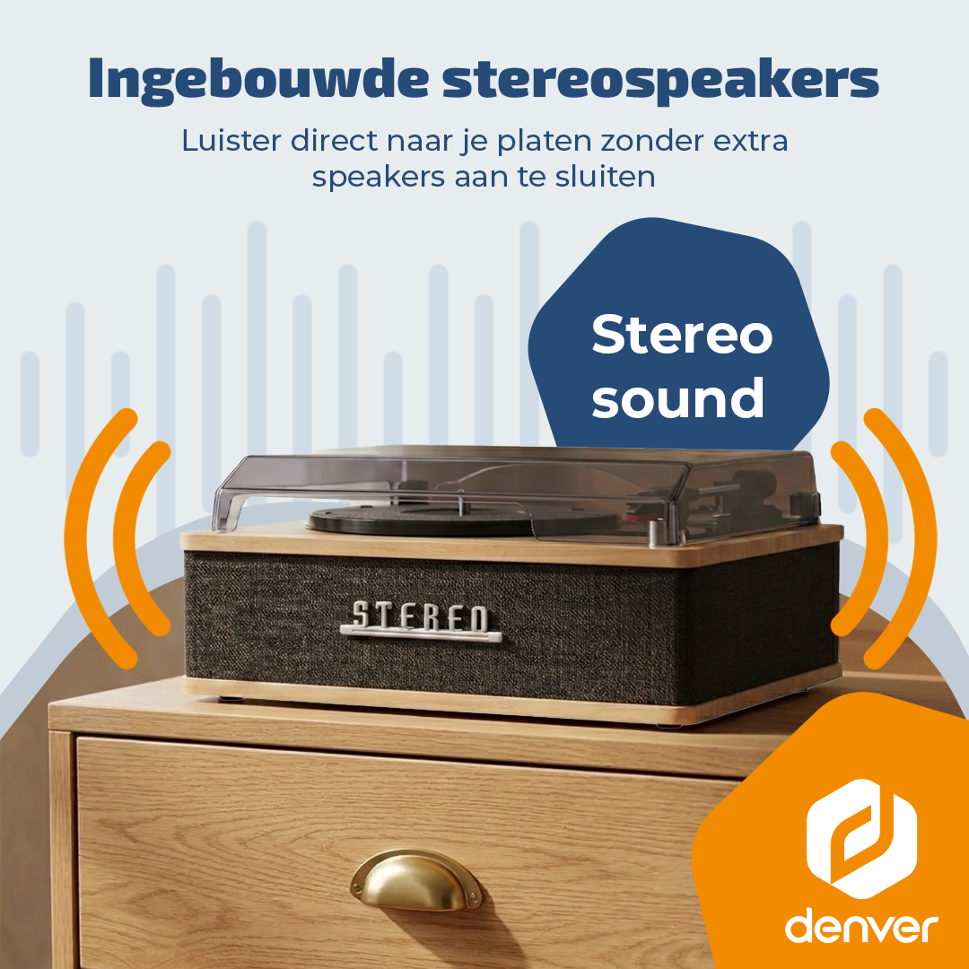 Plattenspieler mit Stereo-Sound auf einem Holzschrank, mit orangefarbenen Schallwellen.