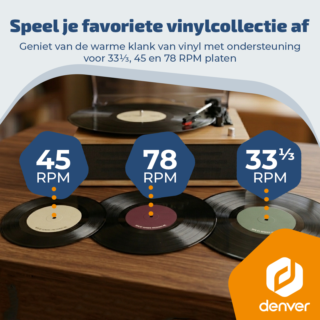 Plattenspieler spielt Schallplatten mit 33, 45 und 78 RPM.