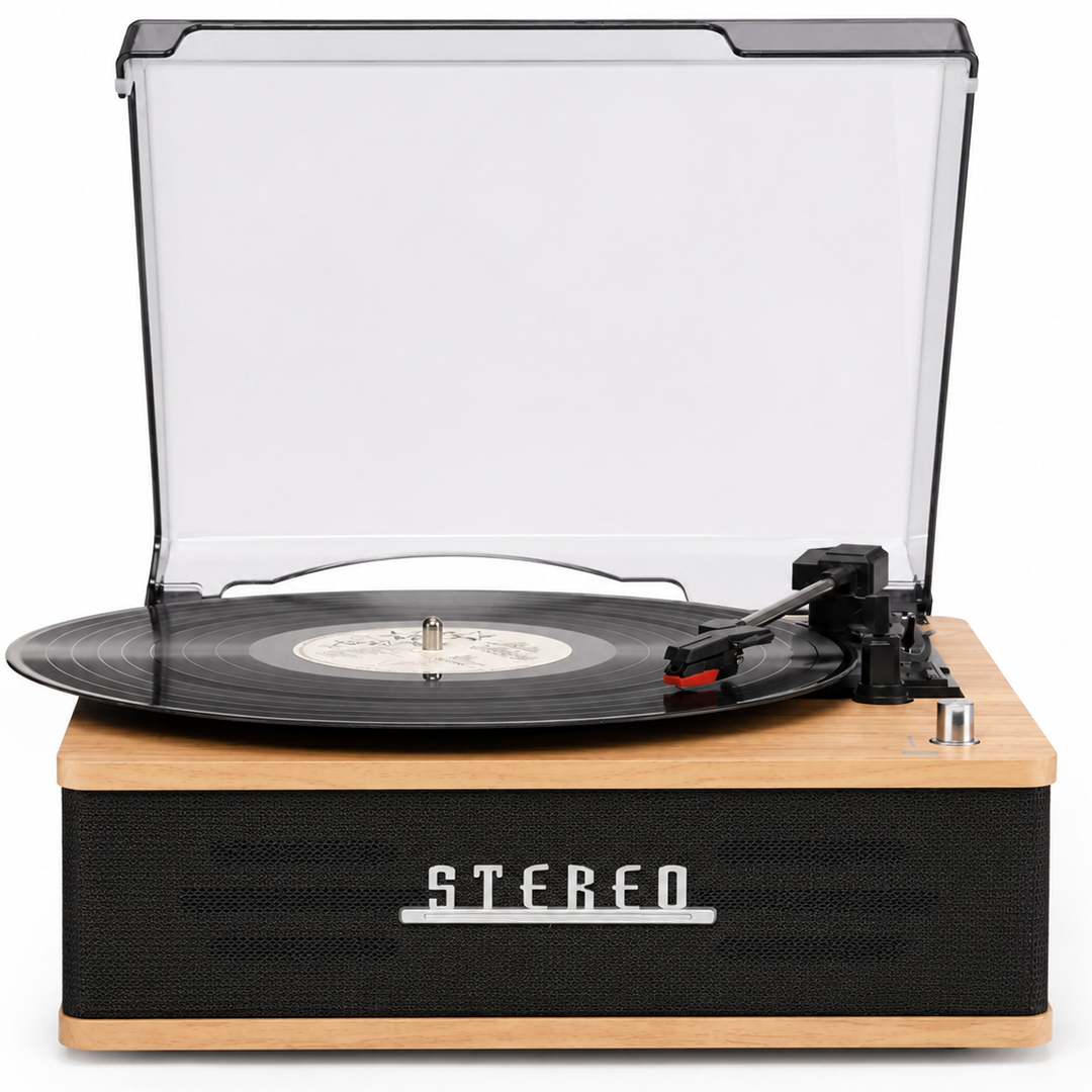 Ein Holz- und schwarzer Stereo-Plattenspieler mit Vinylplatte und Tonarm.