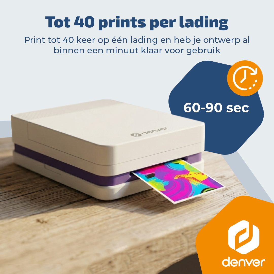 A portable printer prints a colorful image. 40 prints per charge, 60-90 sec.
