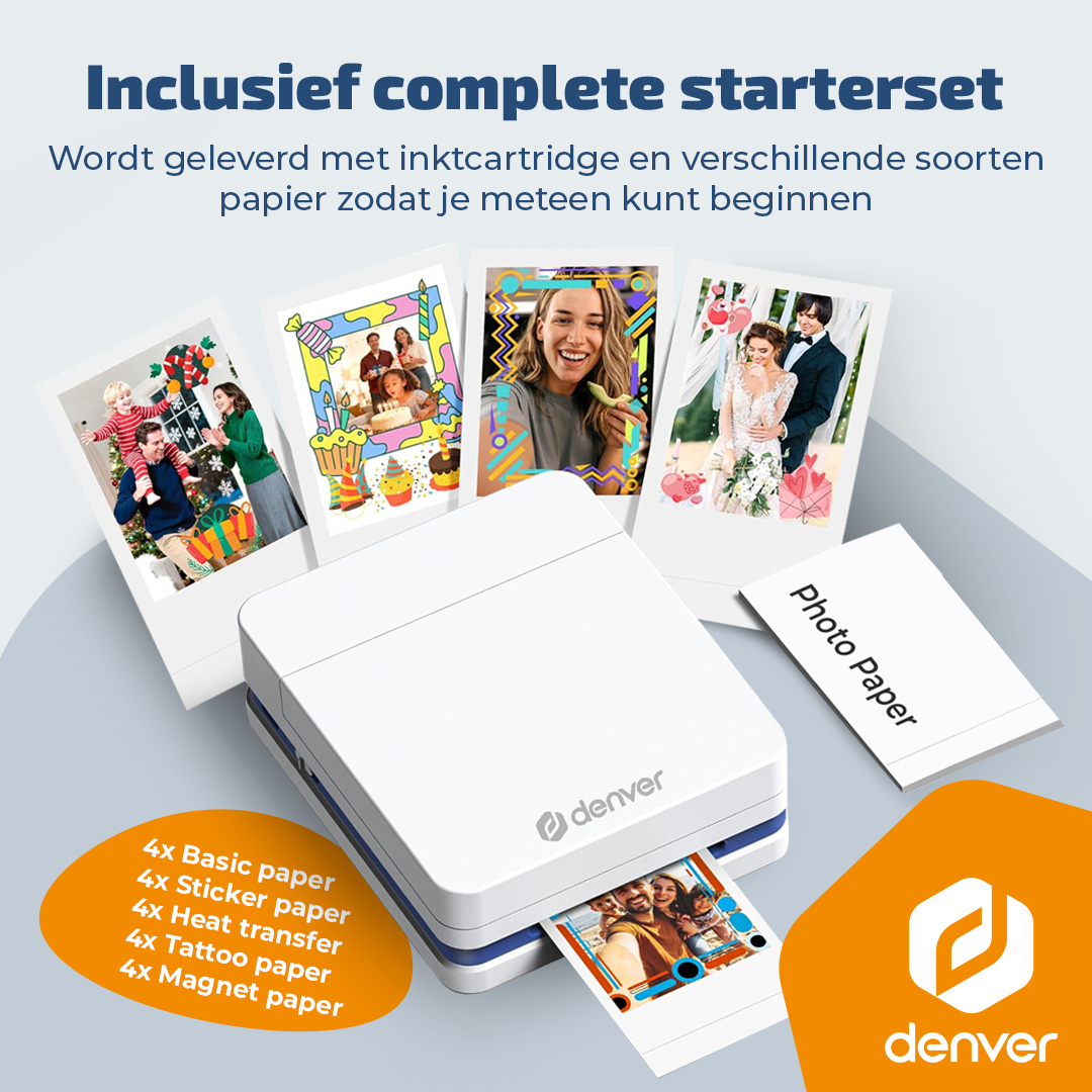 A white Denver printer with various photos and paper types.