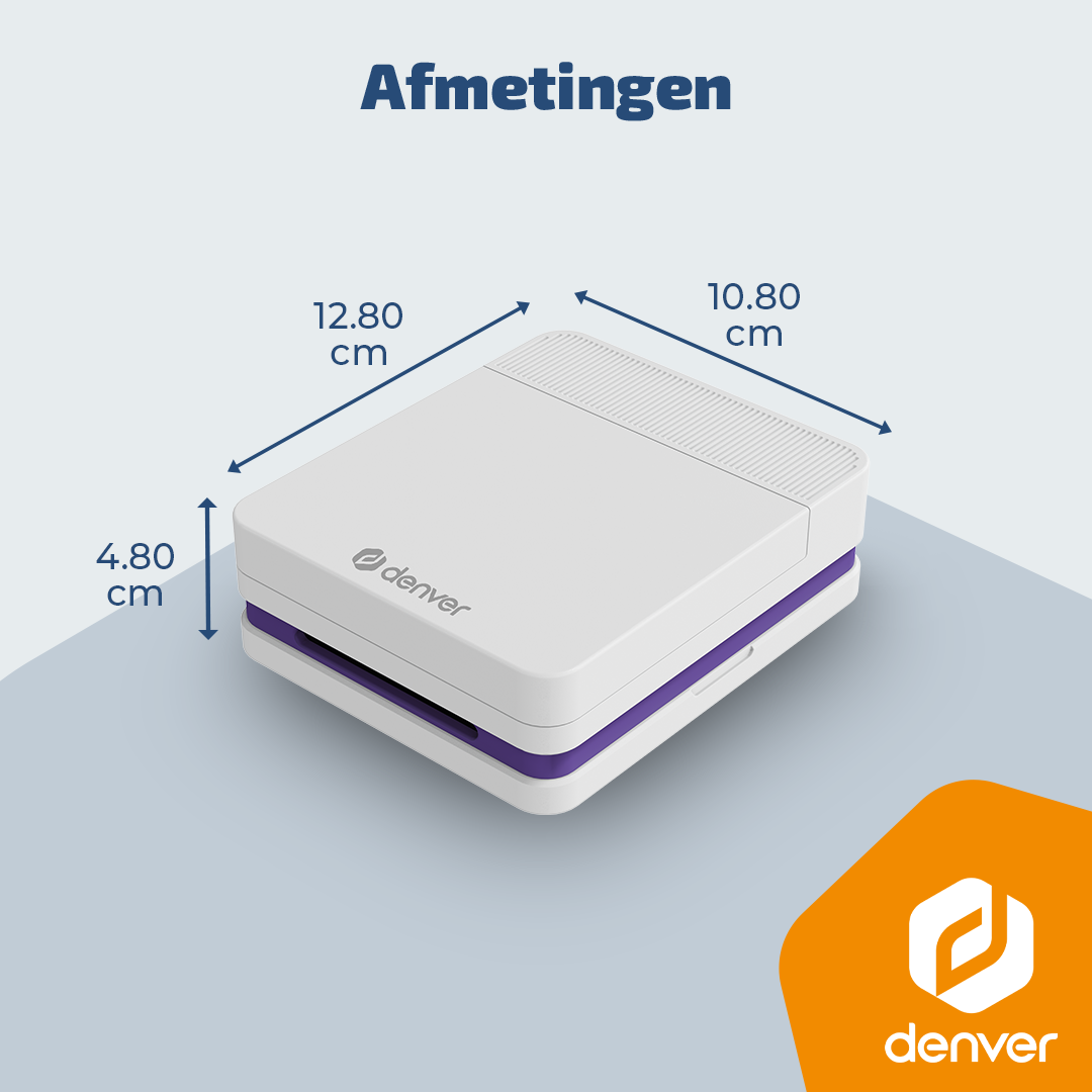A white Denver device with purple accents, dimensions: 4.80 x 10.80 x 12.80 cm.