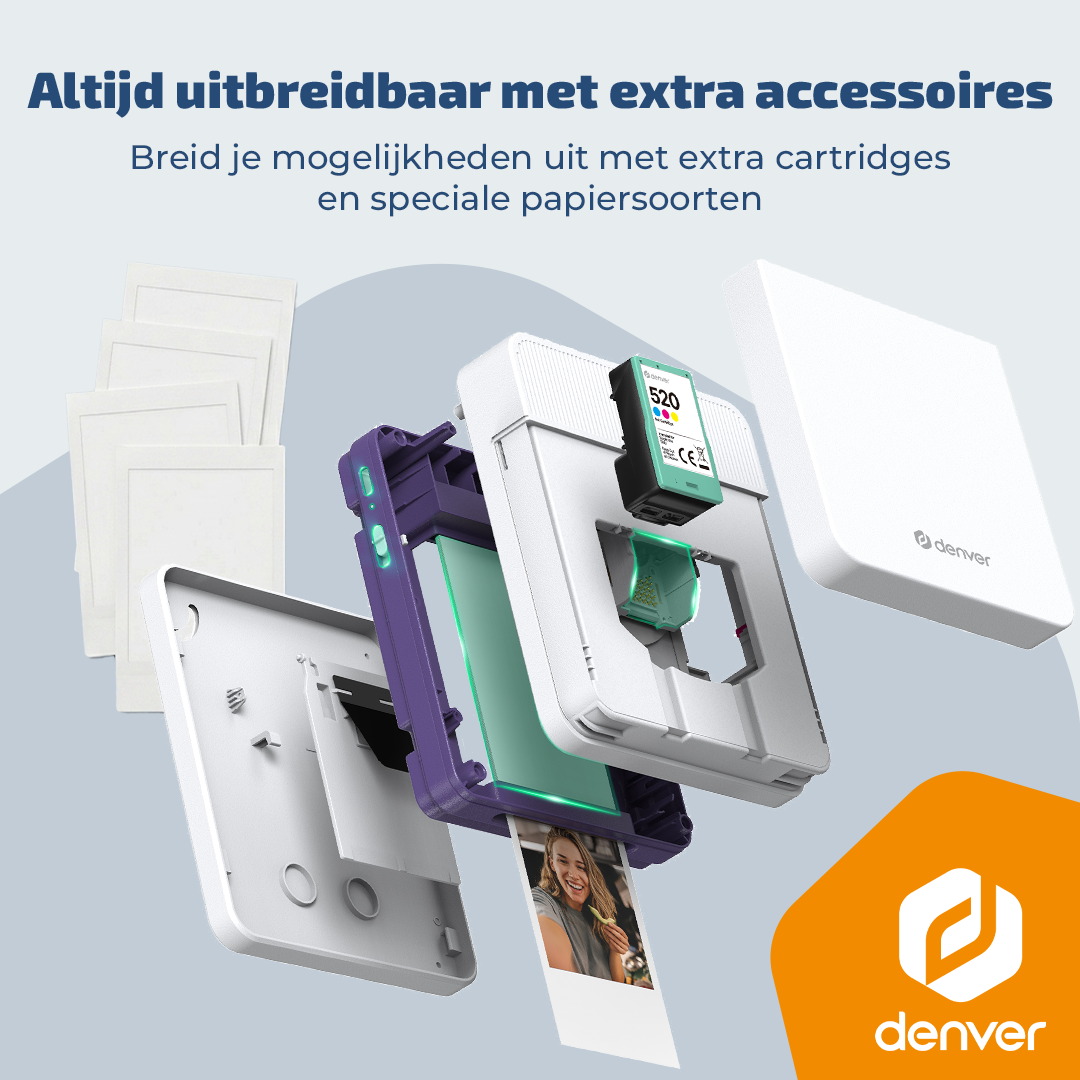 A printer with ink cartridge, photo paper, and a photo of a smiling woman.