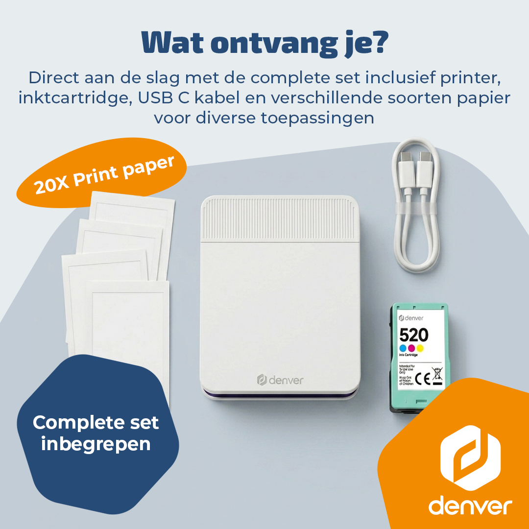 A Denver printer, ink cartridge, USB C cable, and paper. The complete set is included.