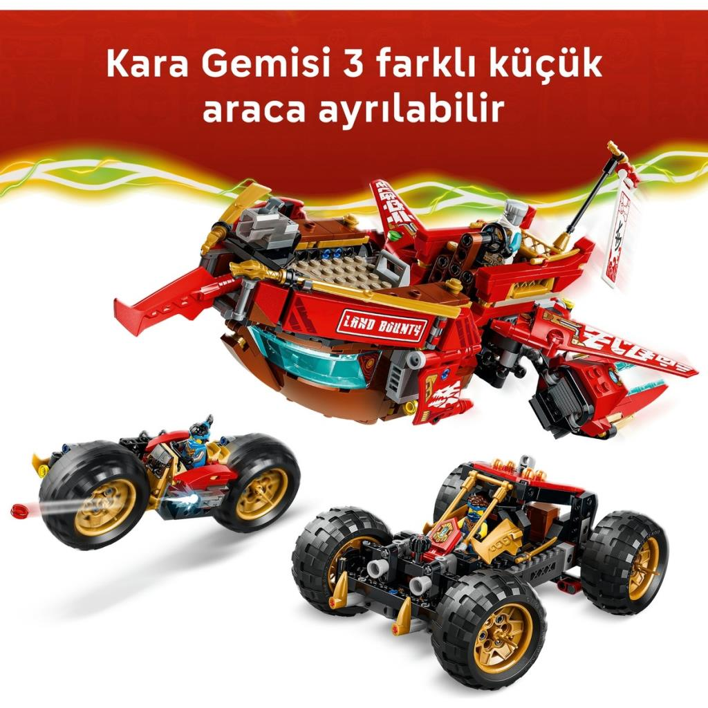 Kırmızı bir Lego gemisi üç küçük araca ayrılıyor.