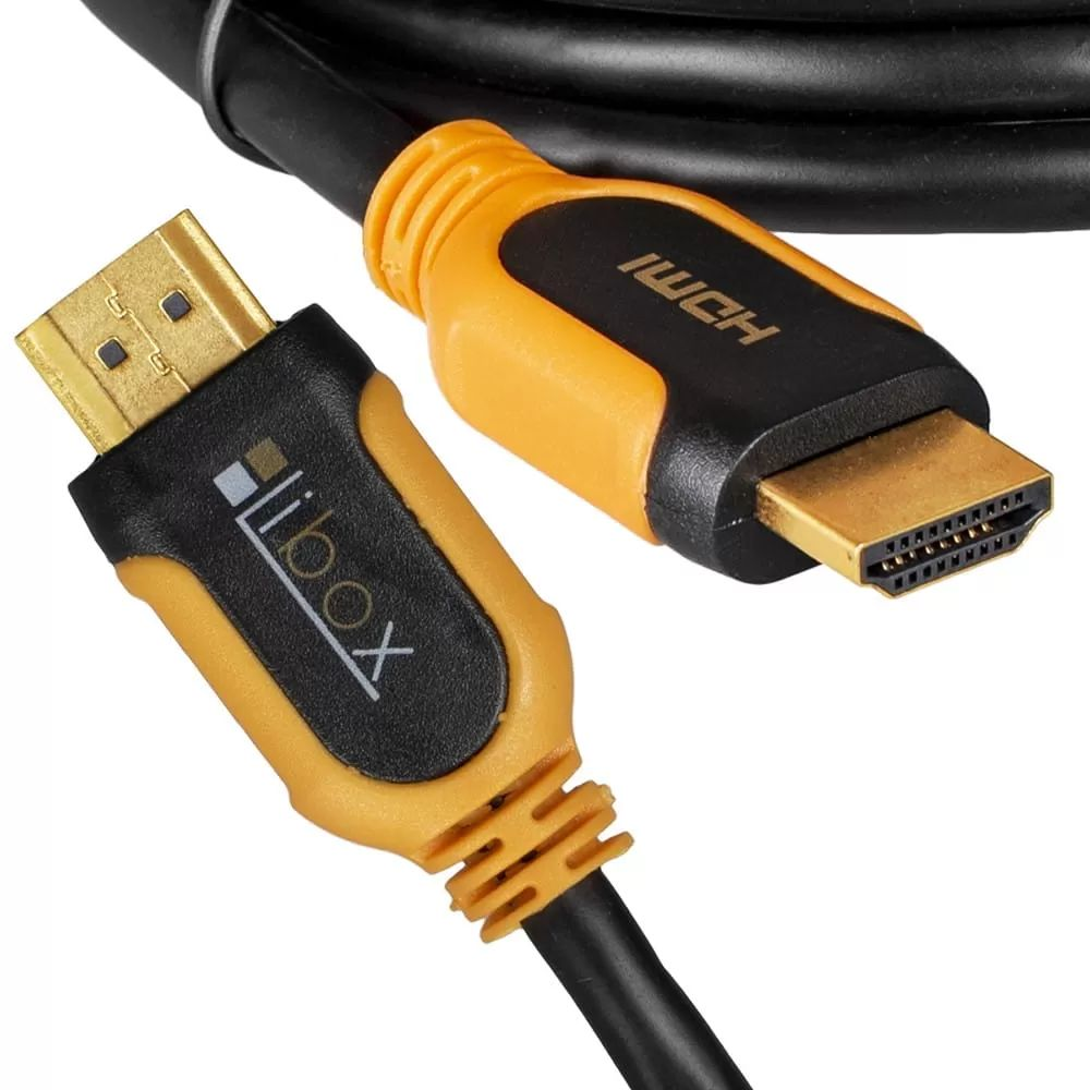 Czarny kabel HDMI z żółtymi złączami, oznaczony "libox" i "HDMI".