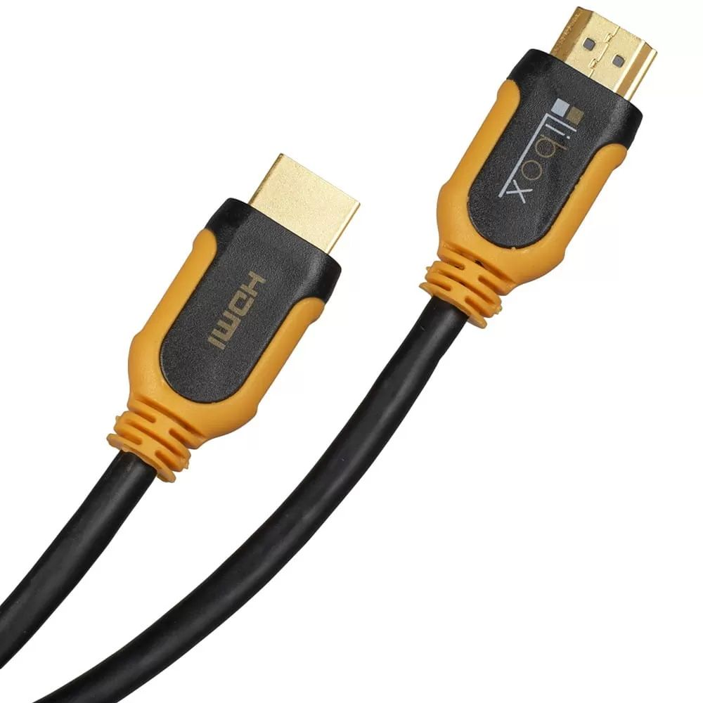 Czarny kabel HDMI z żółtymi akcentami i złączami.
